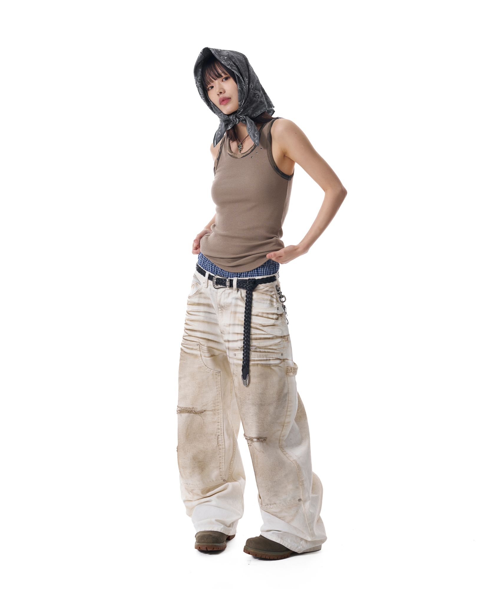 AAKAM ■ Dirty Washed Double Knee Cotton Pants デニム MUSINSA | AAKAM Dirty Washed Double Knee Cotton Pants (White)
