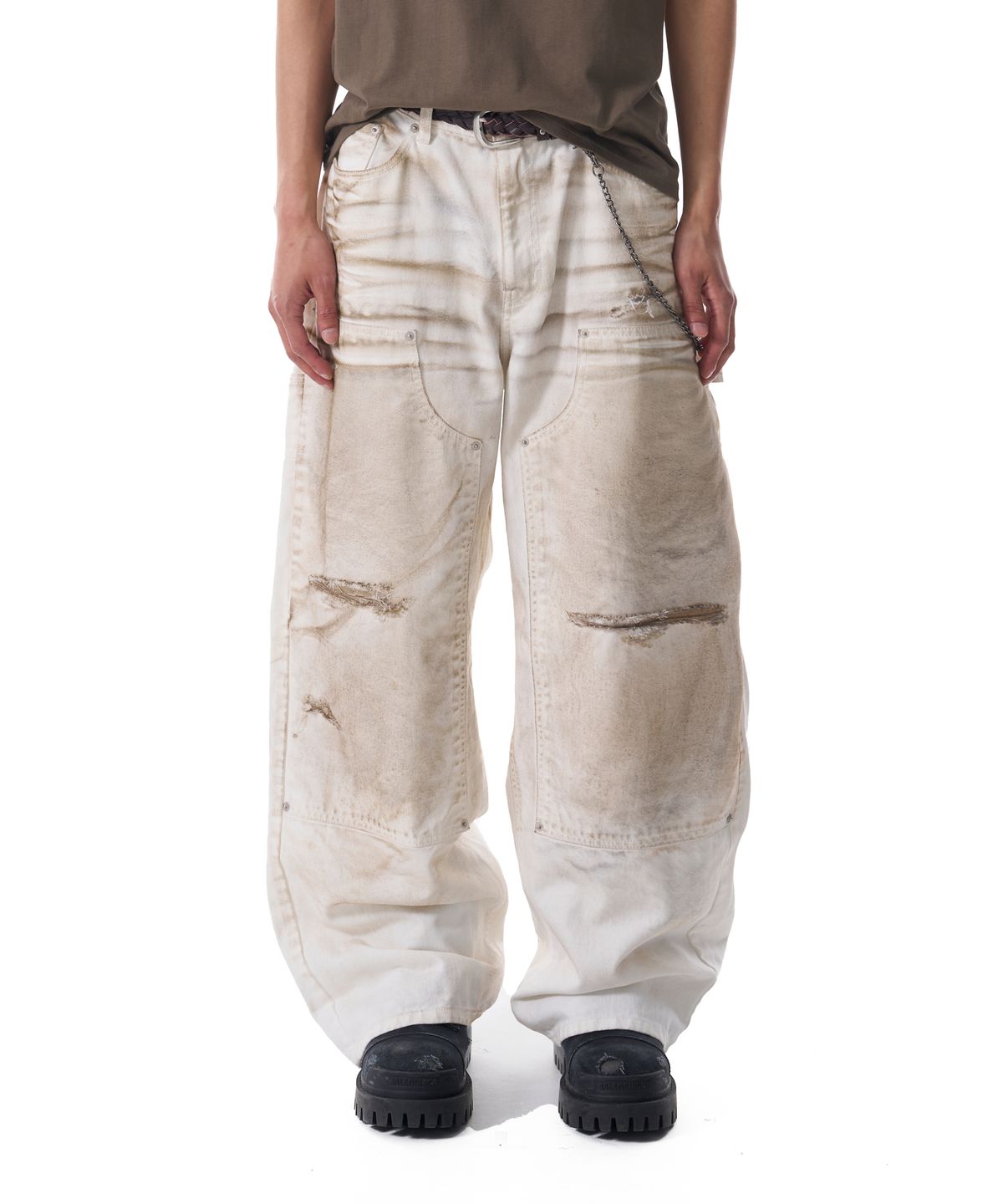 아캄(AAKAM) Dirty Washed Double Knee Cotton Pants (White)