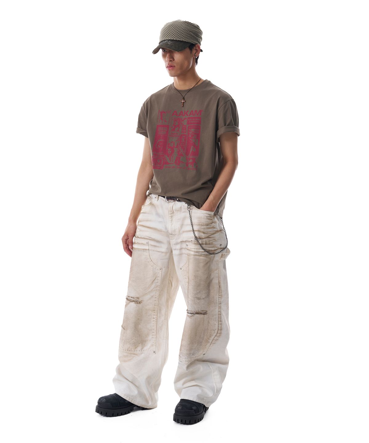 아캄(AAKAM) Dirty Washed Double Knee Cotton Pants (White)