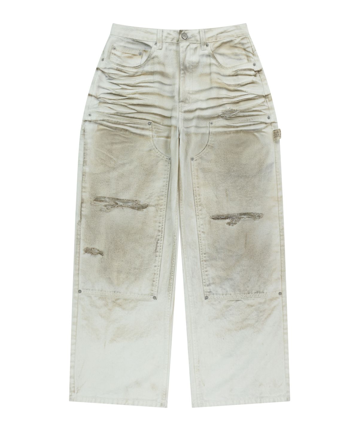 아캄(AAKAM) Dirty Washed Double Knee Cotton Pants (White)
