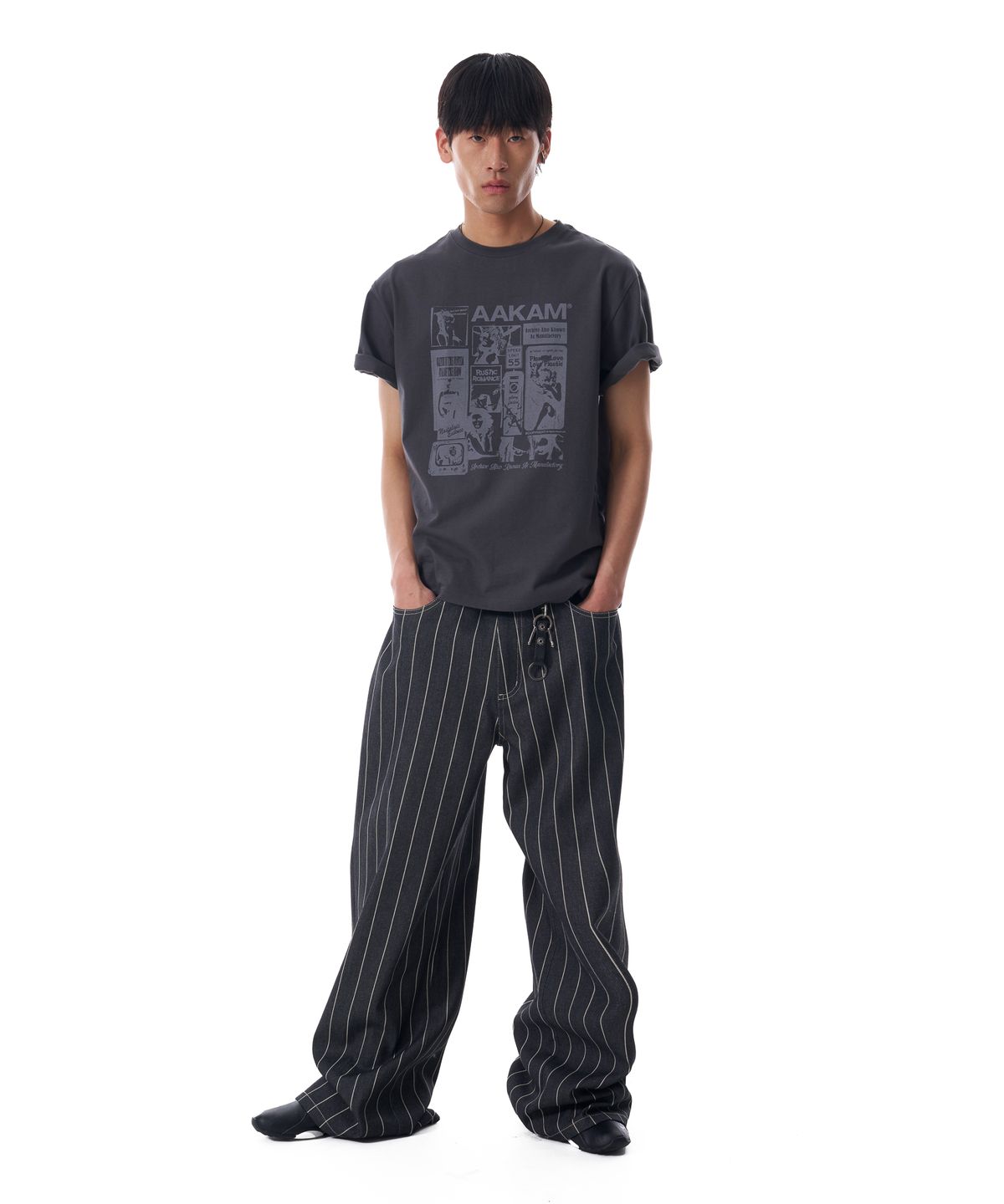 아캄(AAKAM) Striped Cinch Back Denim Pants (Black)