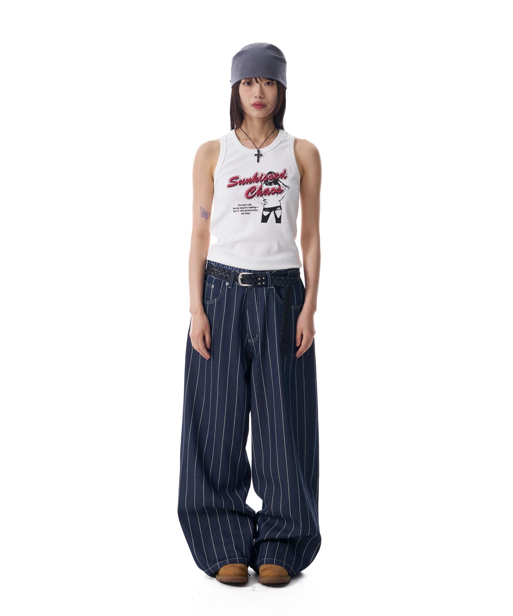 MUSINSA | AAKAM Striped Cinch Back Denim Pants (Blue)