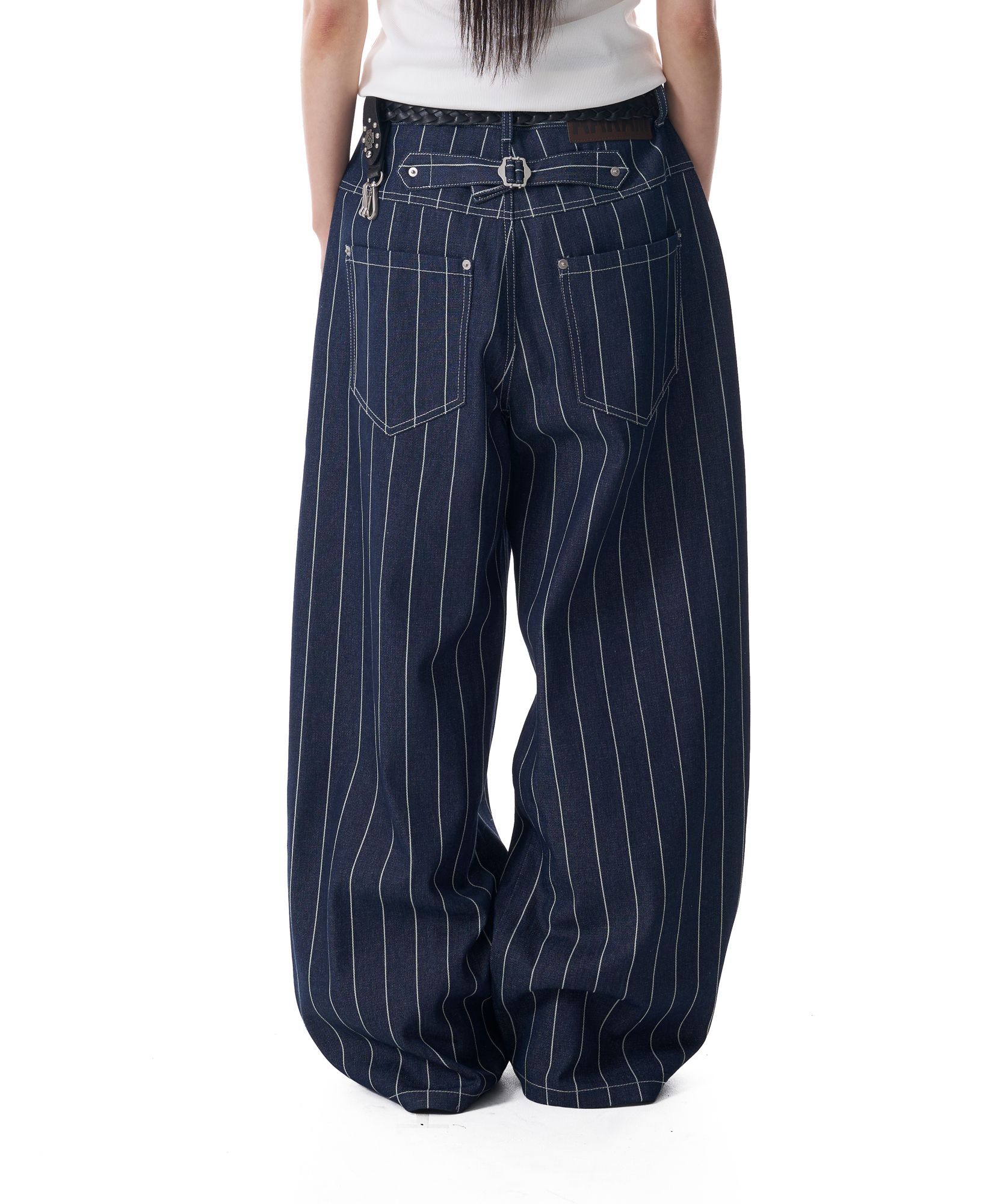 MUSINSA | AAKAM Striped Cinch Back Denim Pants (Blue)