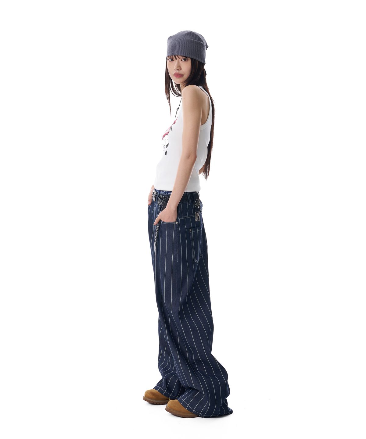 아캄(AAKAM) Striped Cinch Back Denim Pants (Blue)
