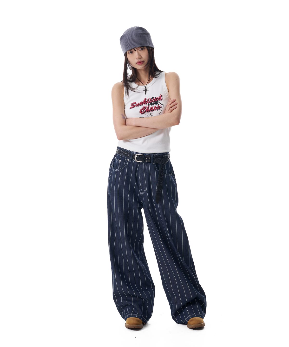 아캄(AAKAM) Striped Cinch Back Denim Pants (Blue)