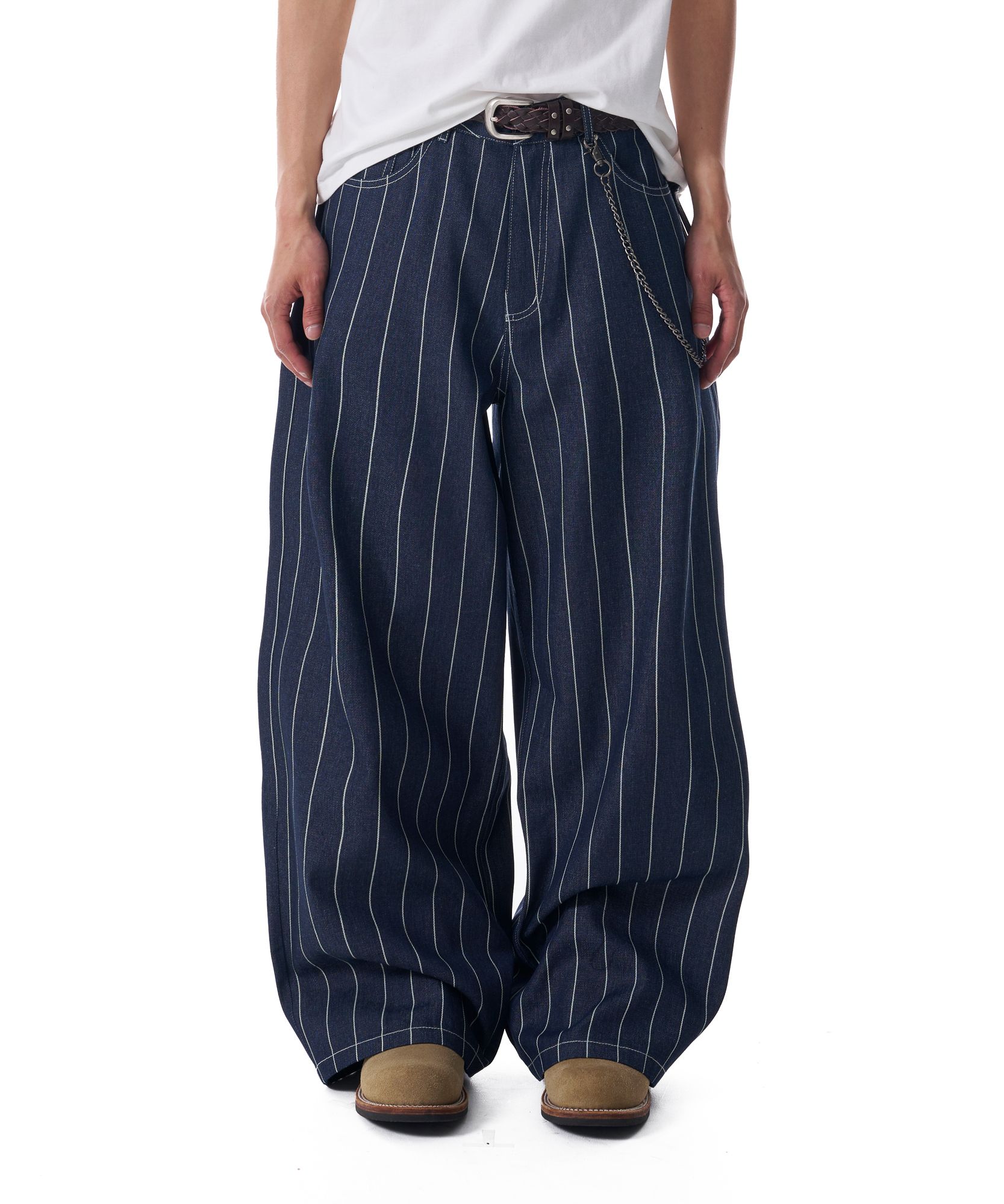 MUSINSA | AAKAM Striped Cinch Back Denim Pants (Blue)