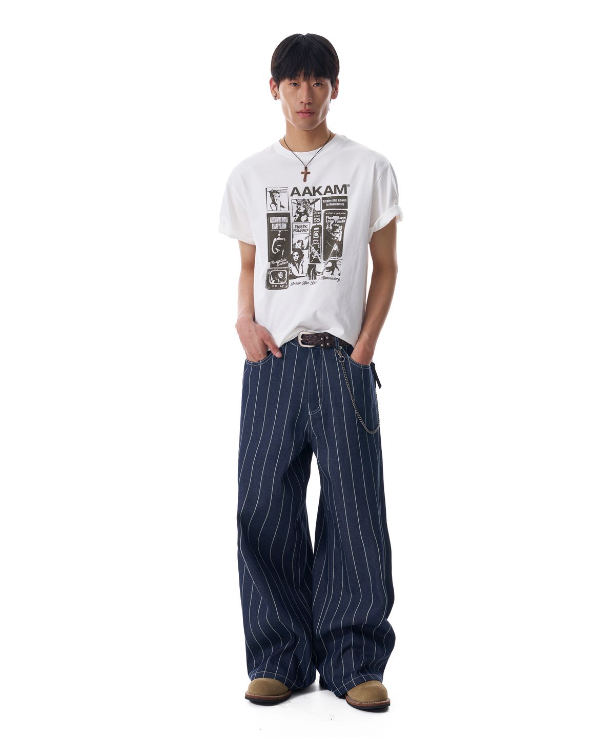 아캄(AAKAM) Striped Cinch Back Denim Pants (Blue)