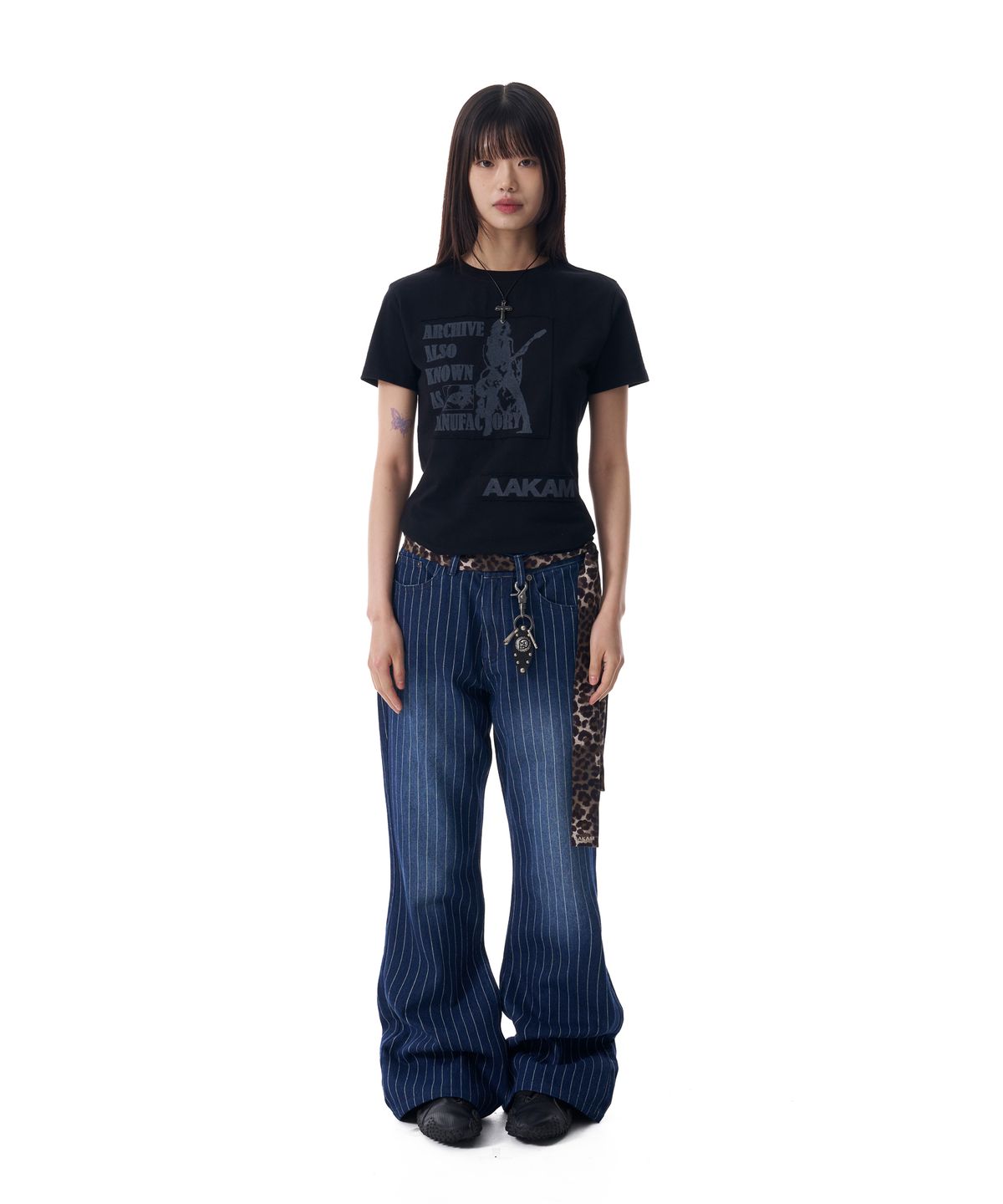 아캄(AAKAM) Striped Flare Denim Pants (Blue)