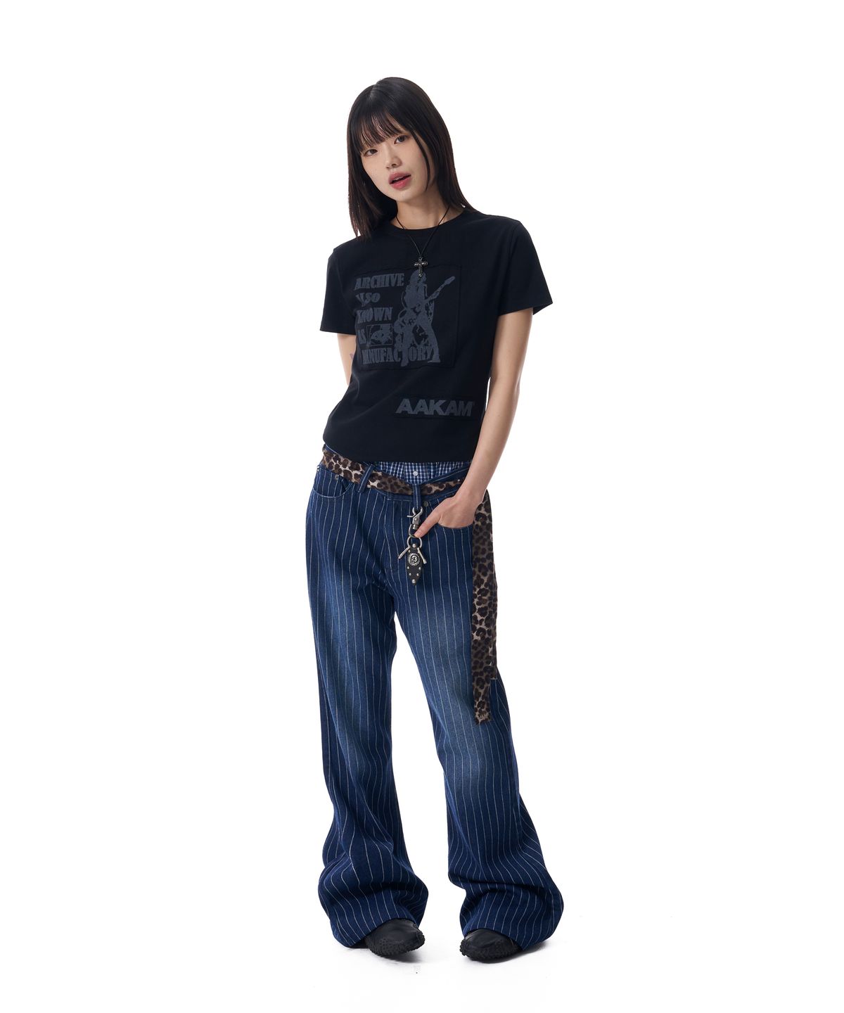 아캄(AAKAM) Striped Flare Denim Pants (Blue)