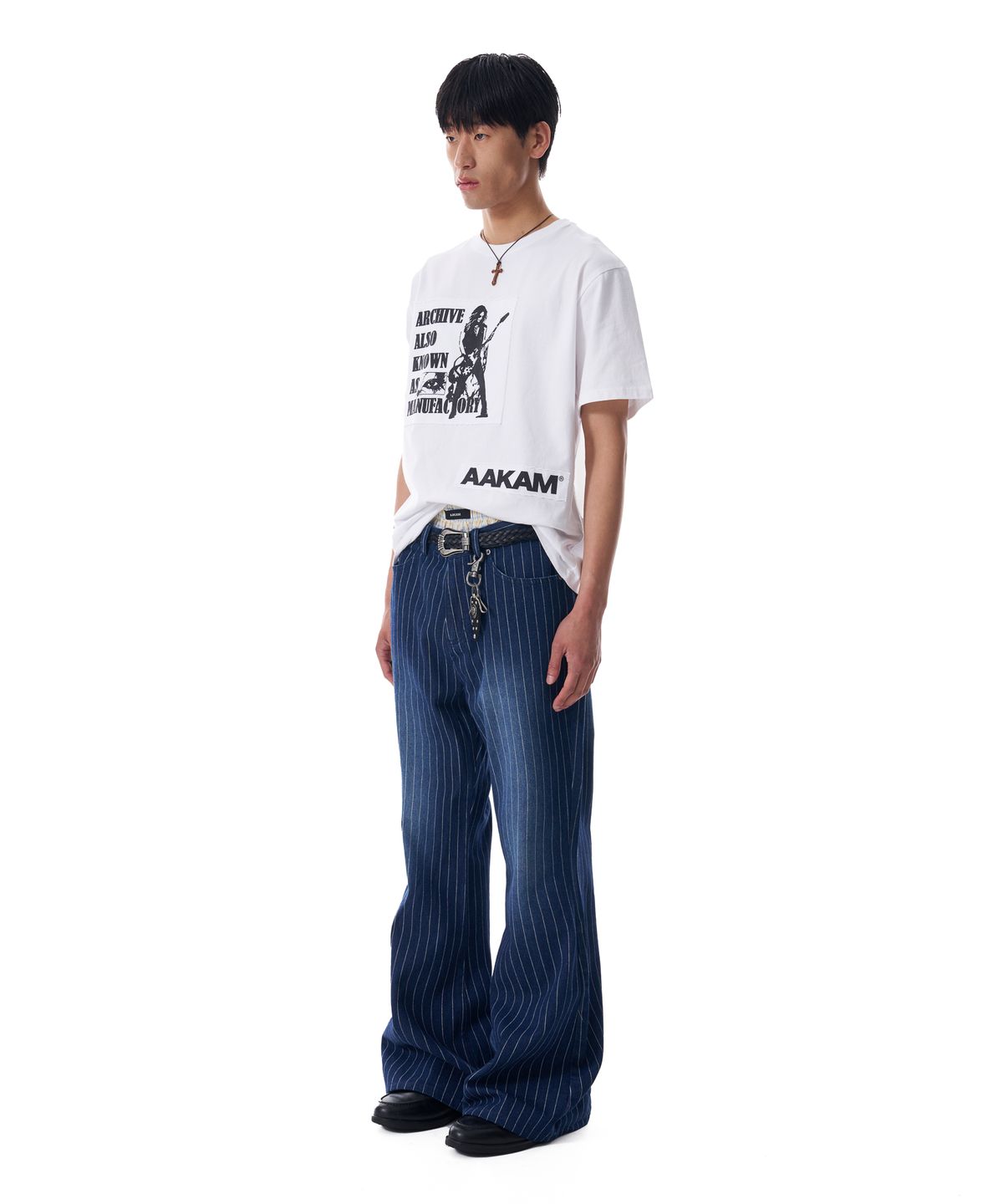 아캄(AAKAM) Striped Flare Denim Pants (Blue)