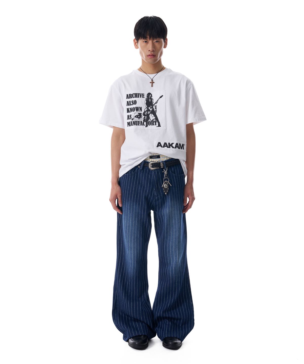 아캄(AAKAM) Striped Flare Denim Pants (Blue)