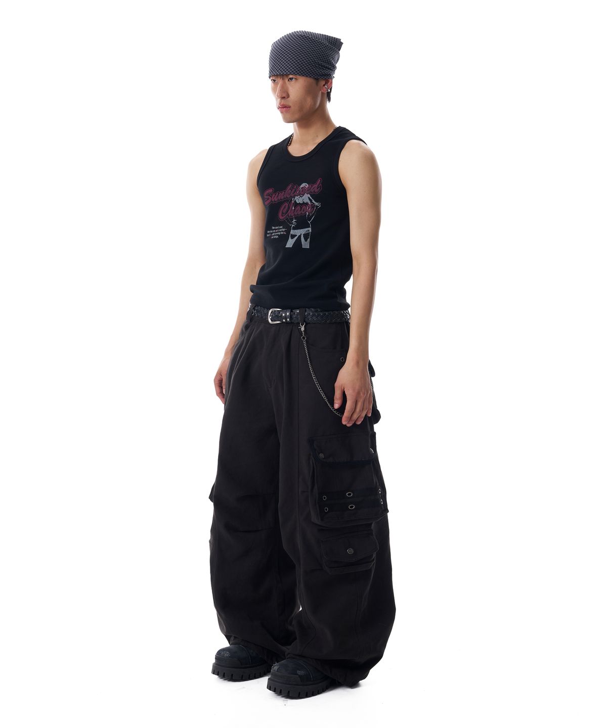 아캄(AAKAM) 98 Knee Pin-Tuck Contrast Cargo Pants (Black)