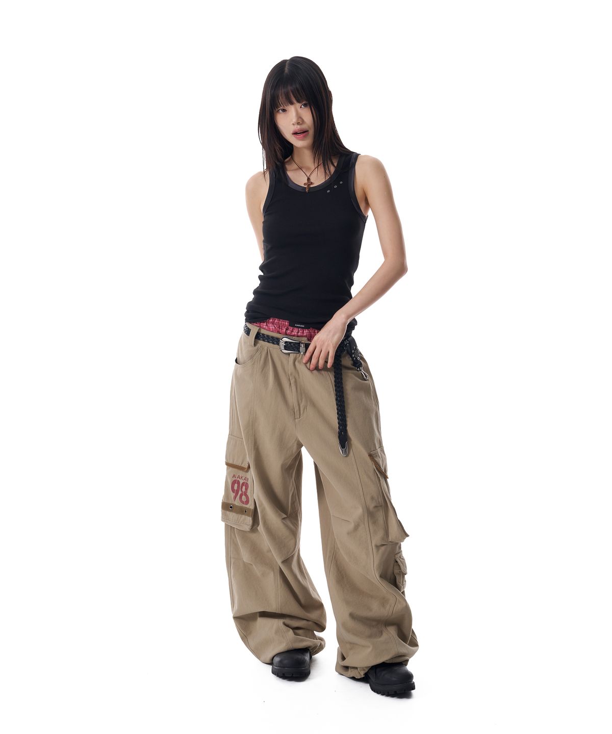 아캄(AAKAM) 98 Knee Pin-Tuck Contrast Cargo Pants (Beige)