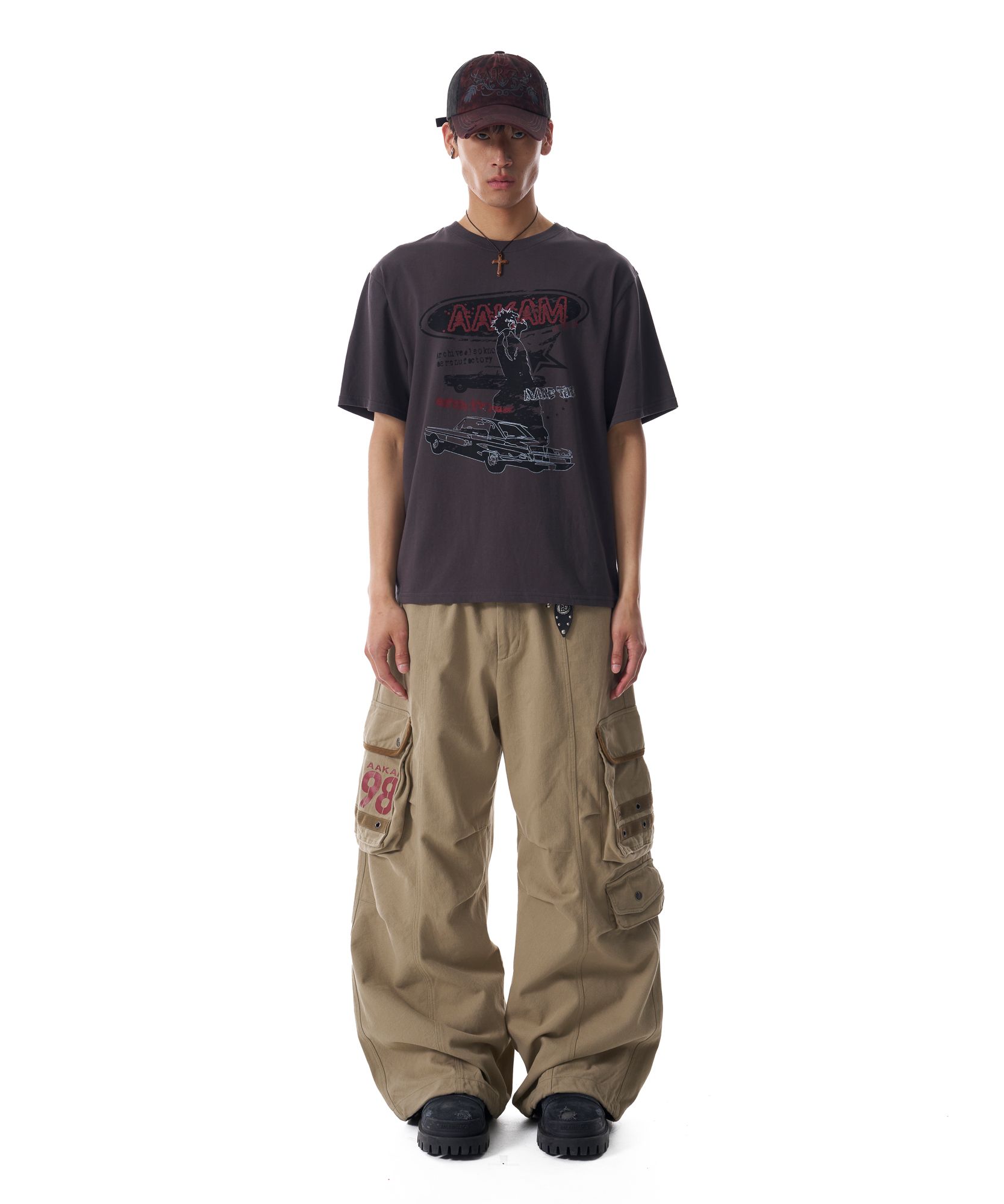 MUSINSA | AAKAM 98 Knee Pin-Tuck Contrast Cargo Pants (Beige)