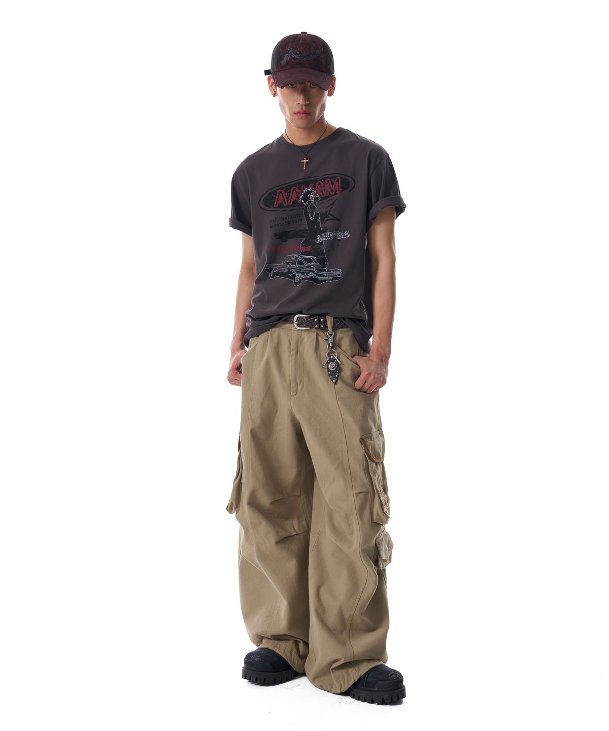 아캄(AAKAM) 98 Knee Pin-Tuck Contrast Cargo Pants (Beige)