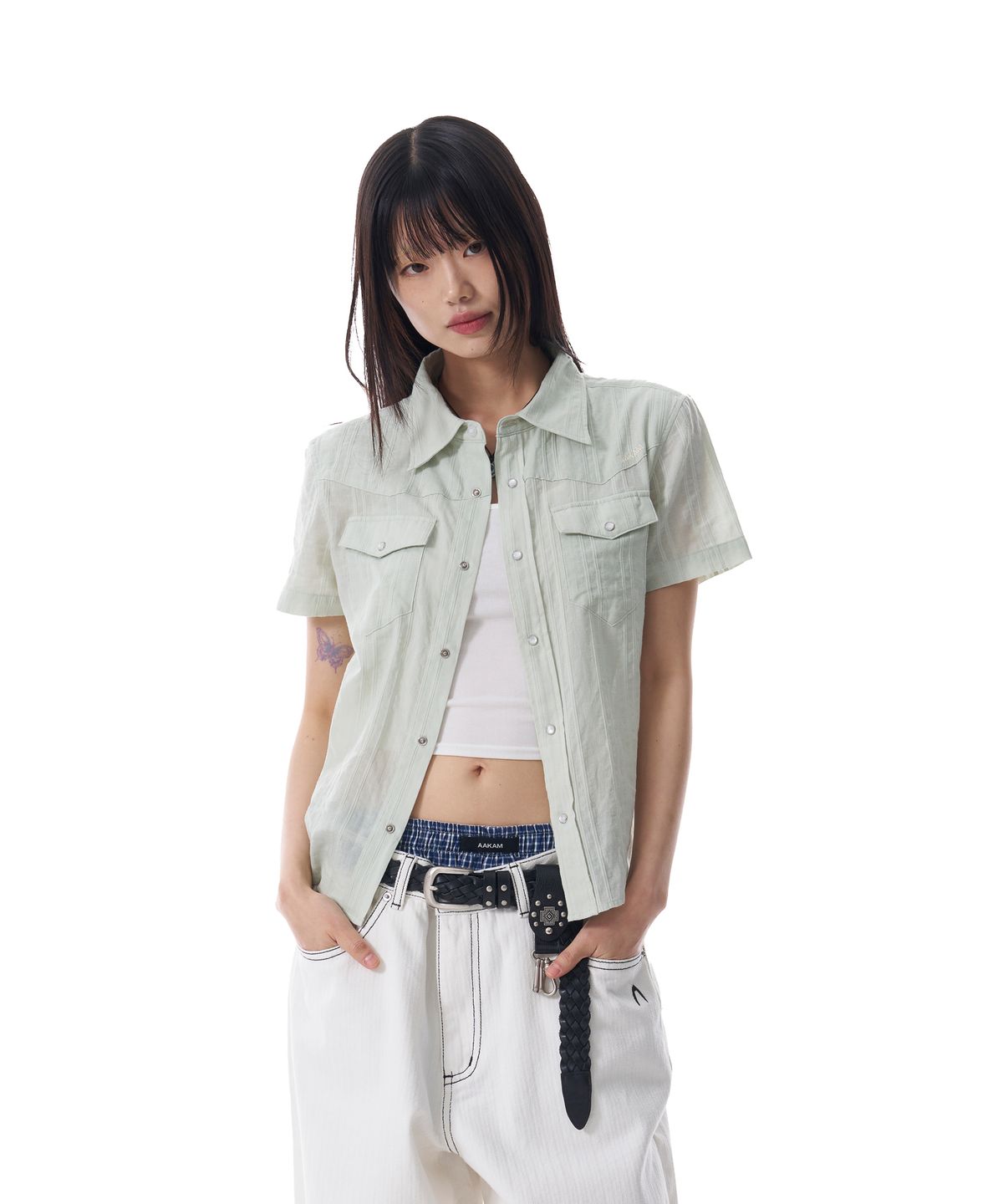 아캄(AAKAM) Patterned Western Half Shirts (Green)