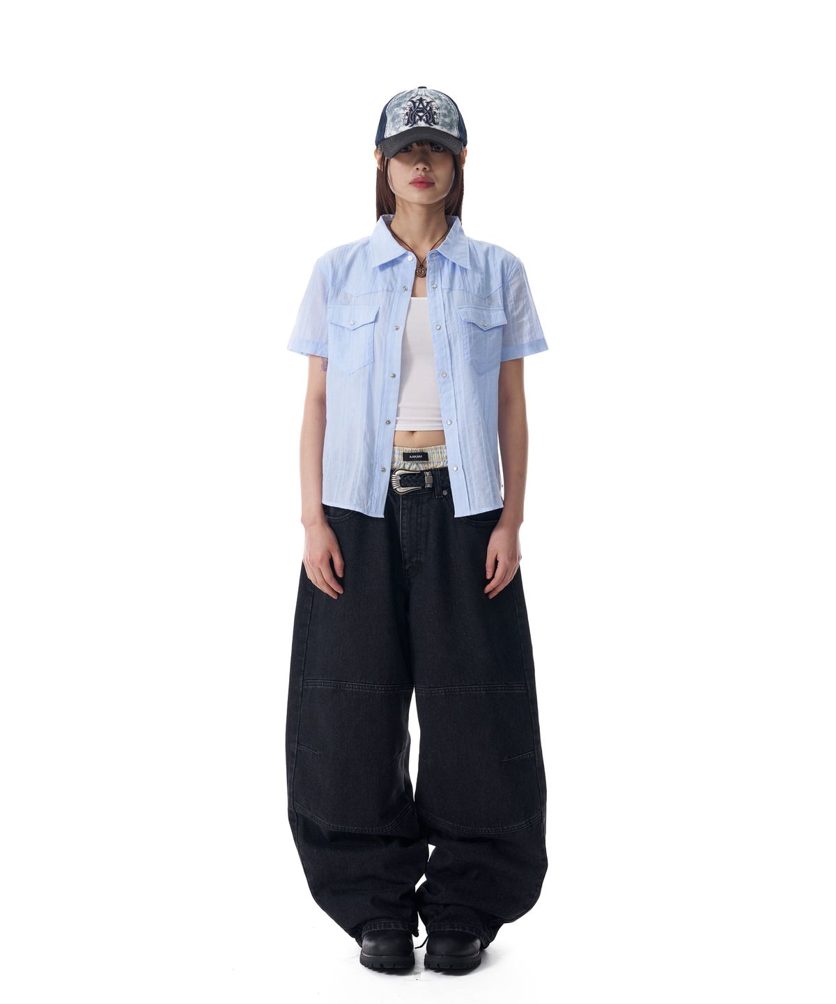 아캄(AAKAM) Patterned Western Half Shirts (Blue)