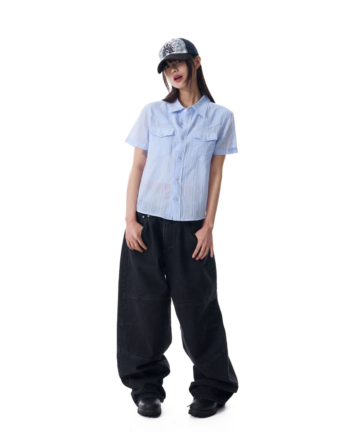 아캄(AAKAM) Patterned Western Half Shirts (Blue)