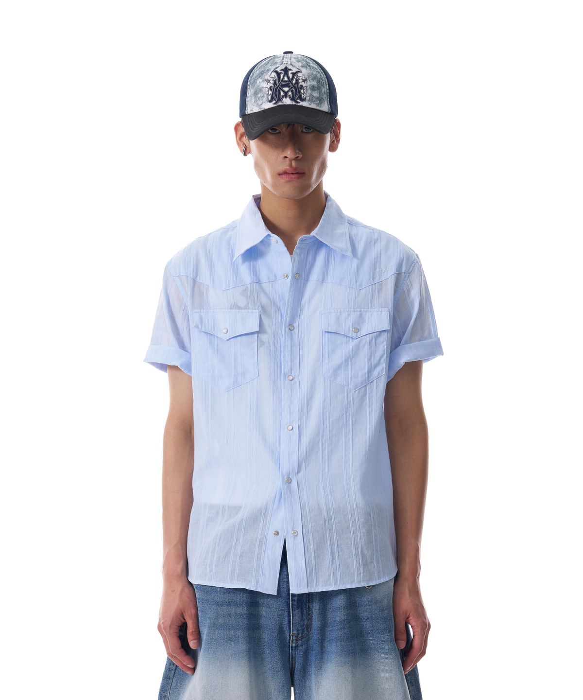 아캄(AAKAM) Patterned Western Half Shirts (Blue)