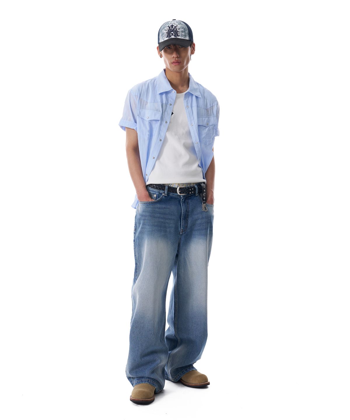 아캄(AAKAM) Patterned Western Half Shirts (Blue)