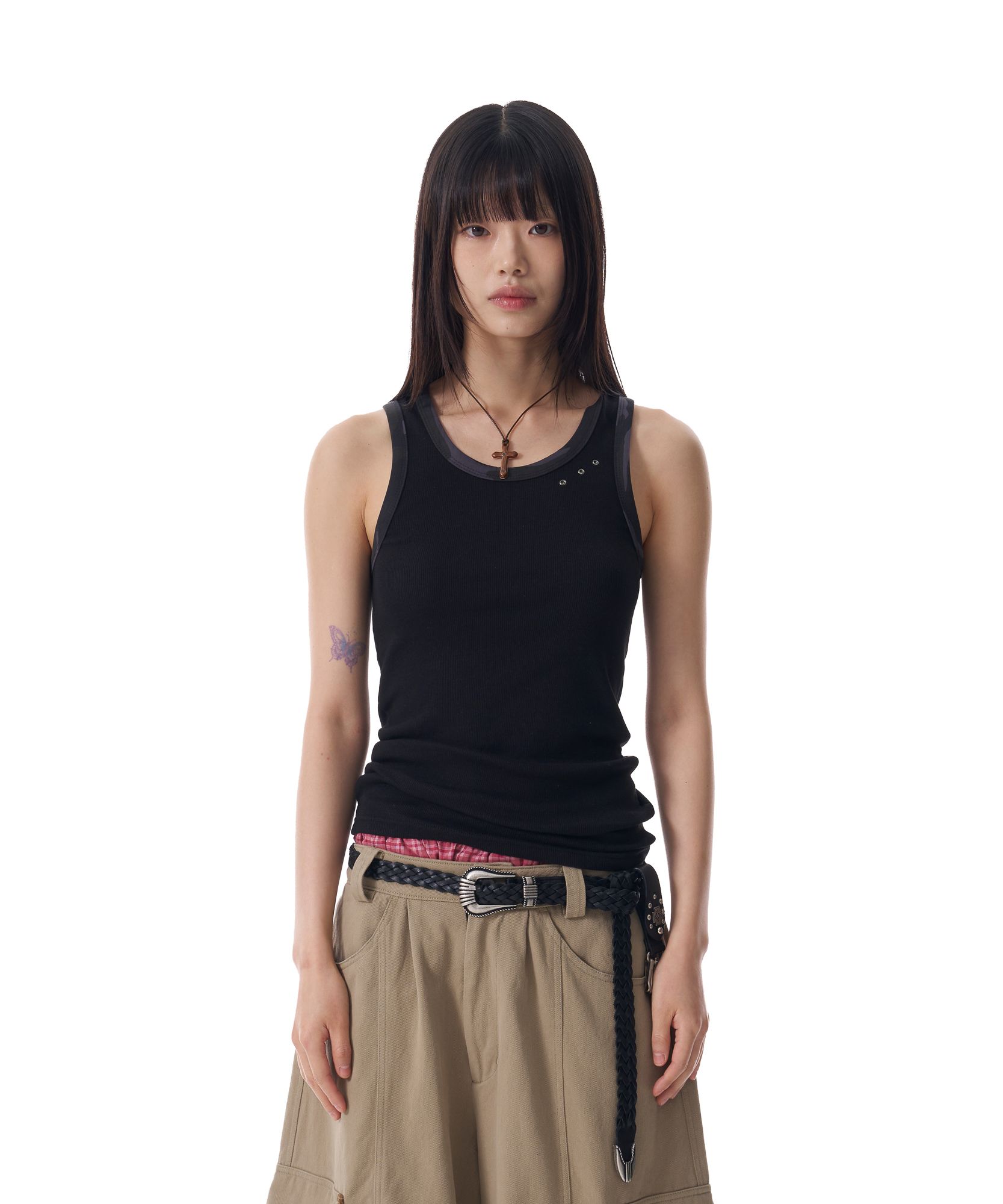 MUSINSA | AAKAM Eyelet Contrast Camo Sleeveless (Black)