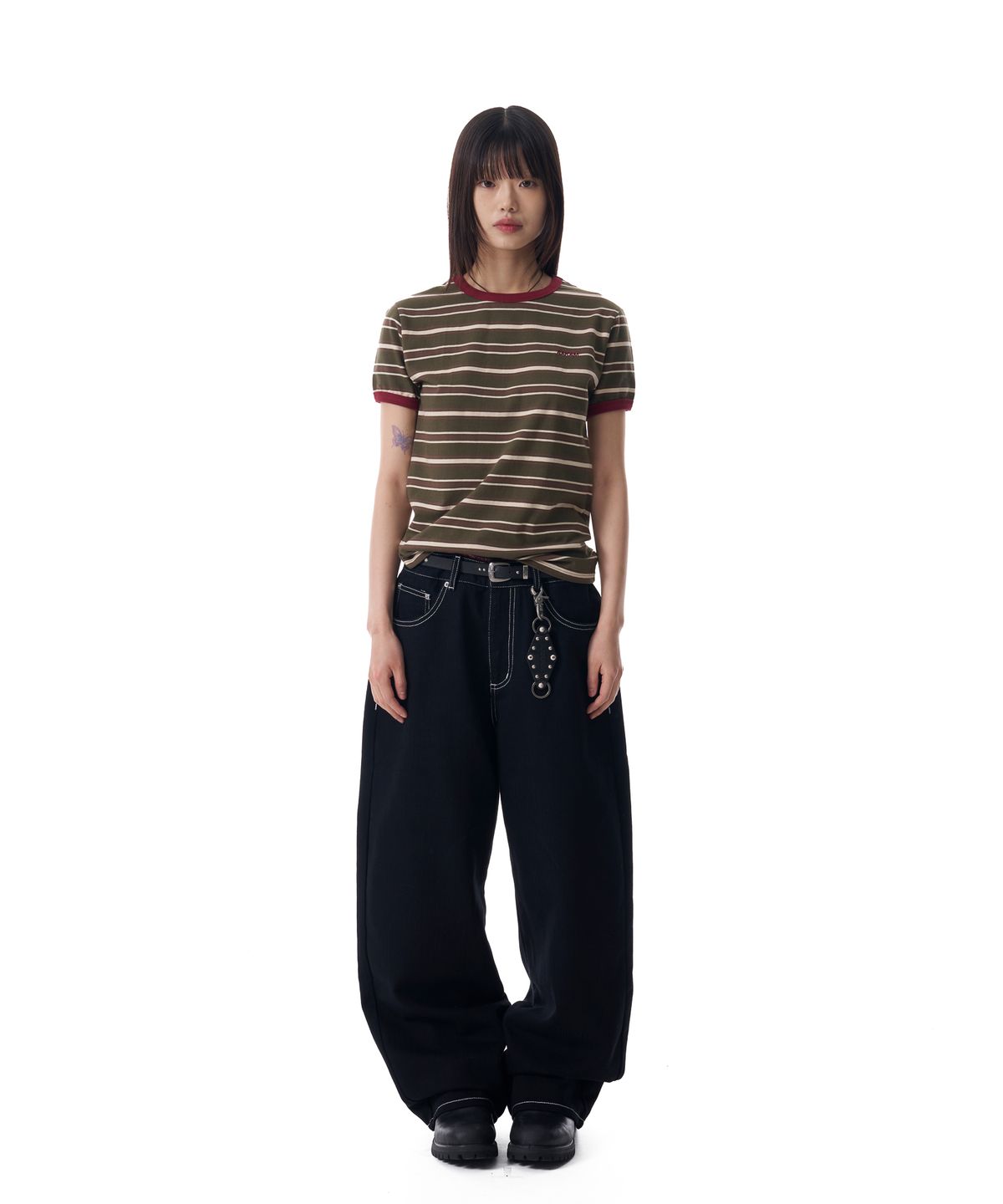 아캄(AAKAM) Striped Ringer Top (Khaki-Red)