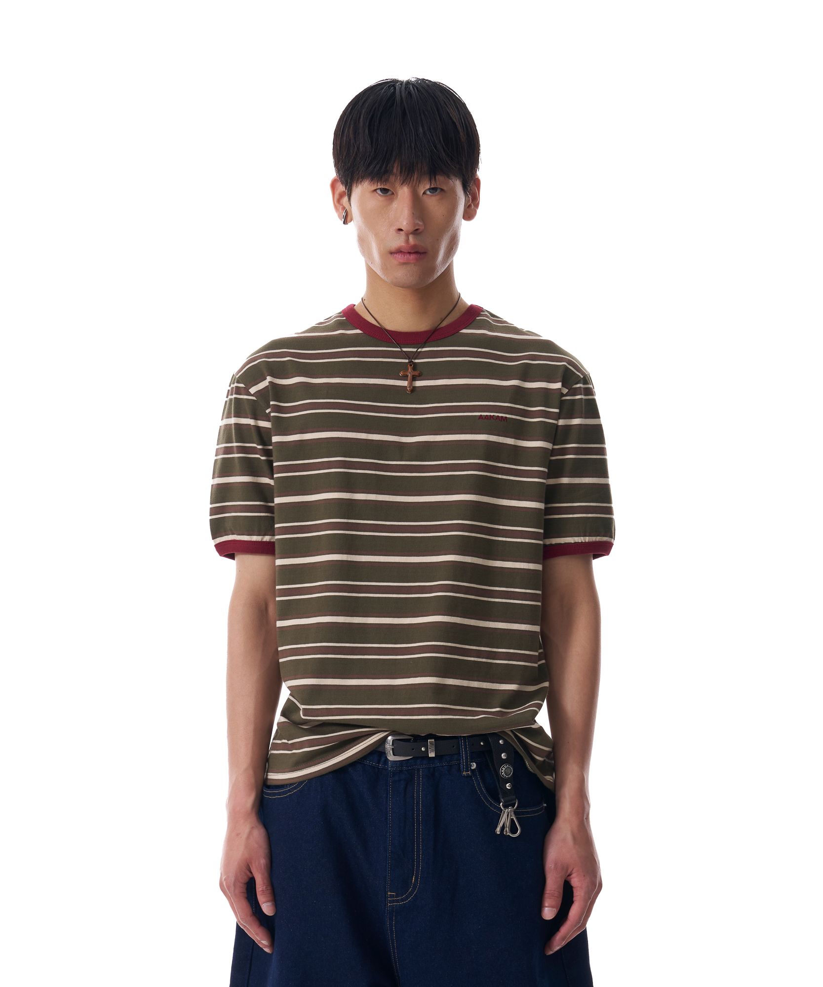 MUSINSA | AAKAM Striped Ringer Top (Khaki-Red)
