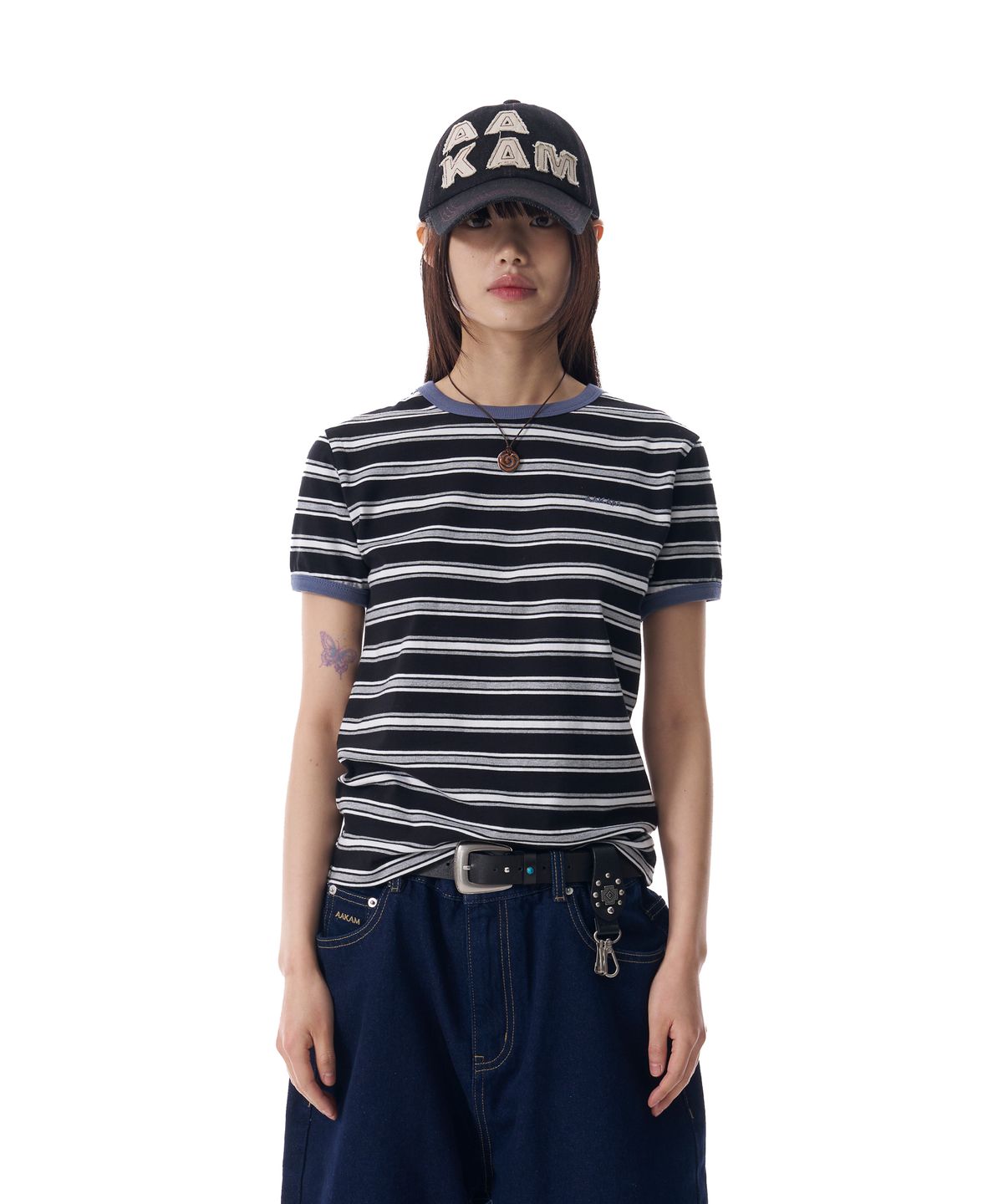 아캄(AAKAM) Striped Ringer Top (Black-Gray)