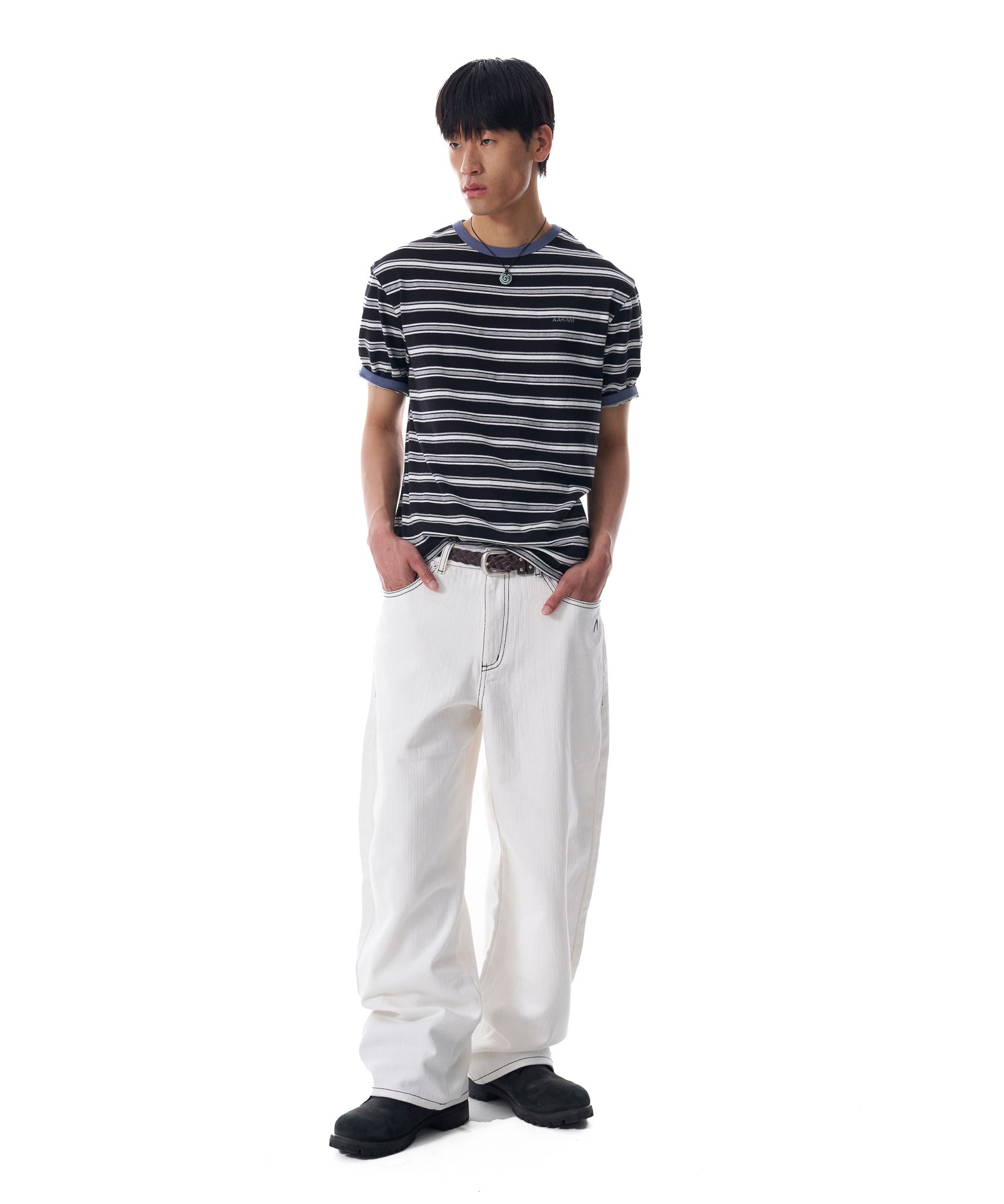 MUSINSA | AAKAM Striped Ringer Top (Black-Gray)