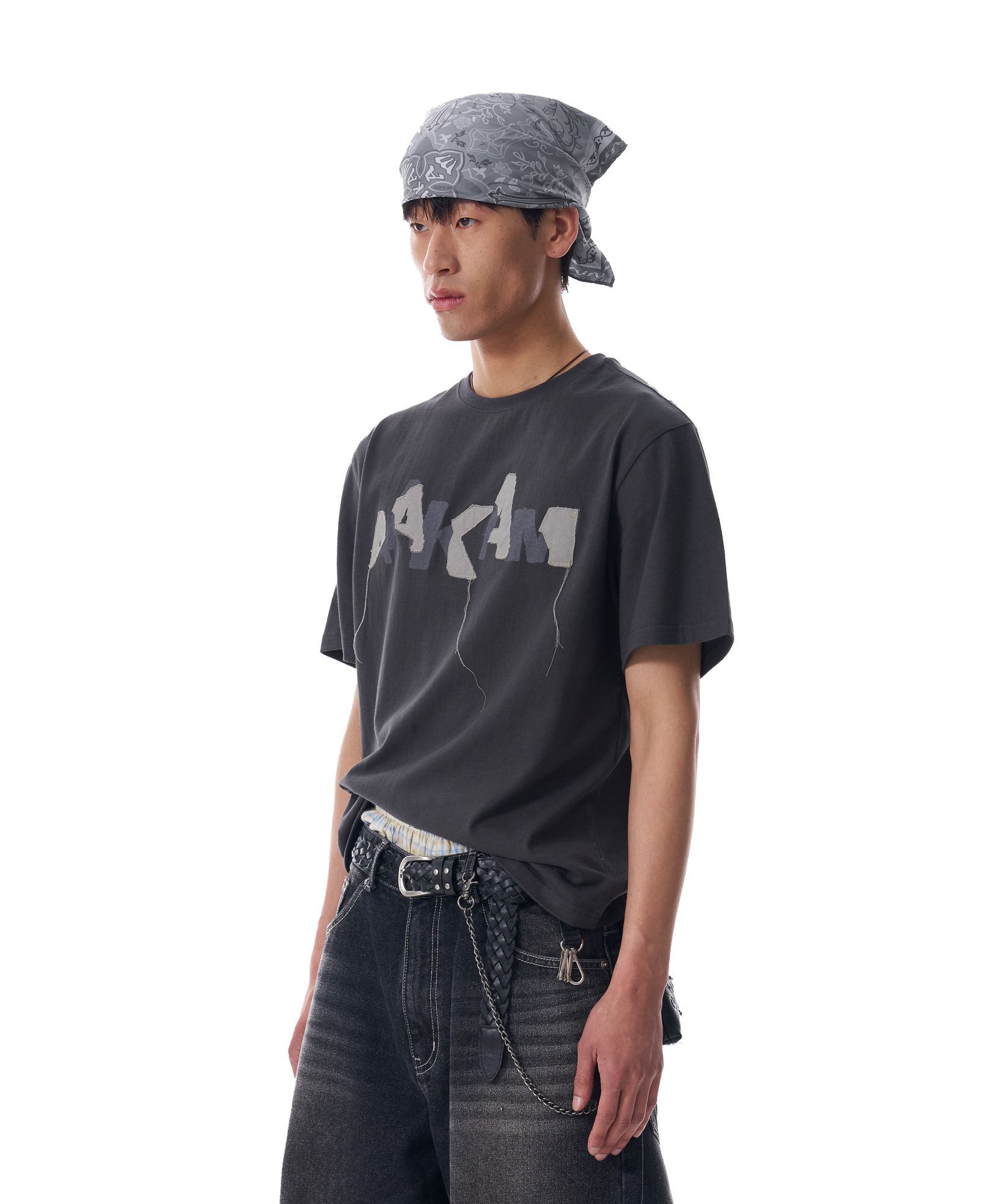 MUSINSA | AAKAM Grunge Patch Half Top (Dark Gray)