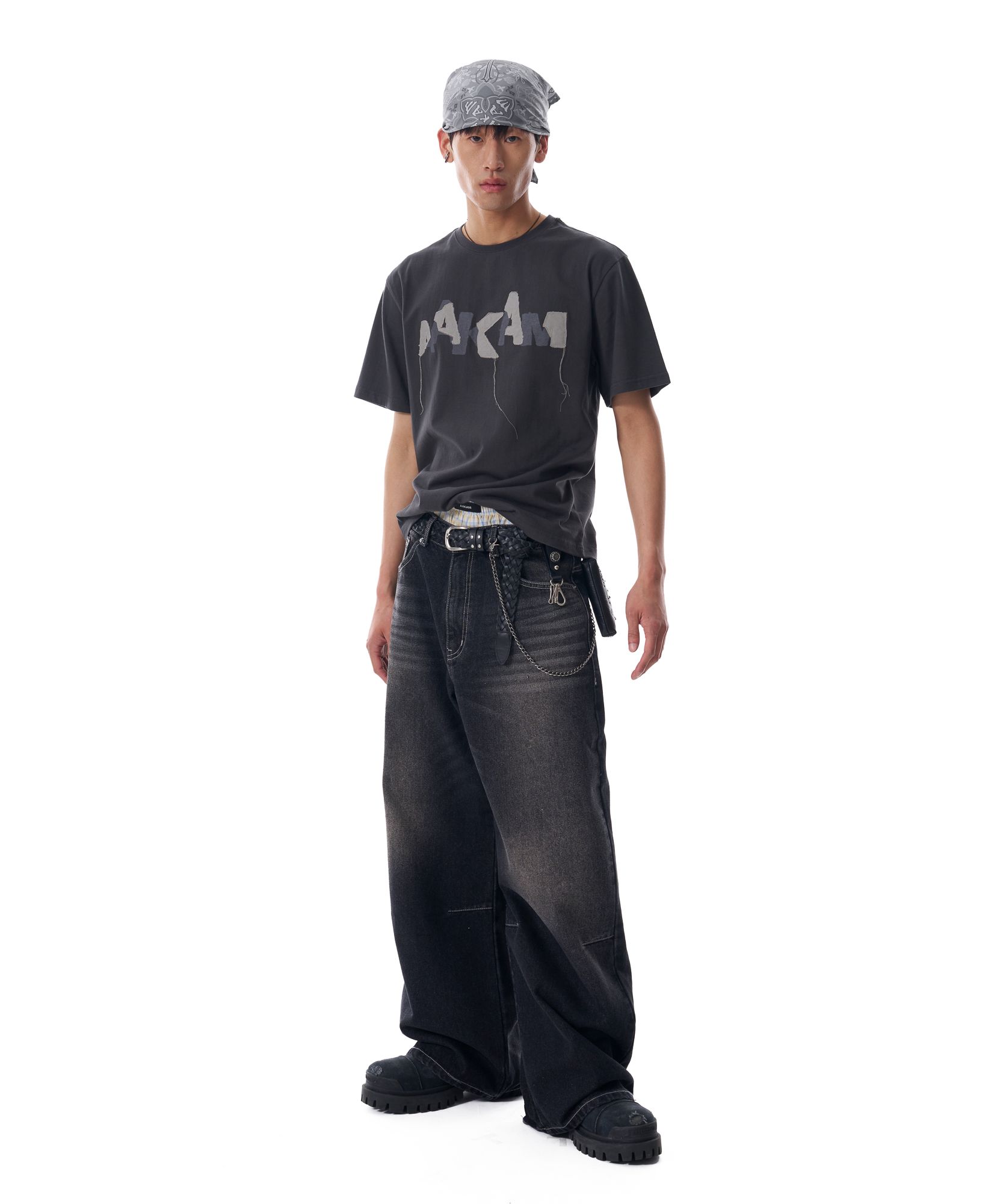 MUSINSA | AAKAM Grunge Patch Half Top (Dark Gray)
