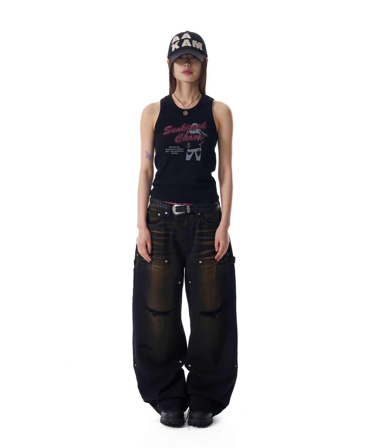 아캄(AAKAM) Dirty Washed Double Knee Cotton Pants (Black)