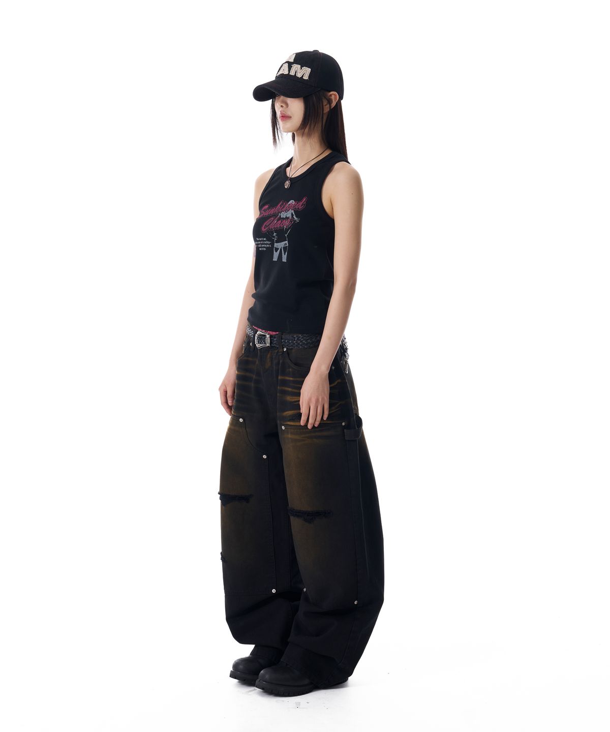 아캄(AAKAM) Dirty Washed Double Knee Cotton Pants (Black)