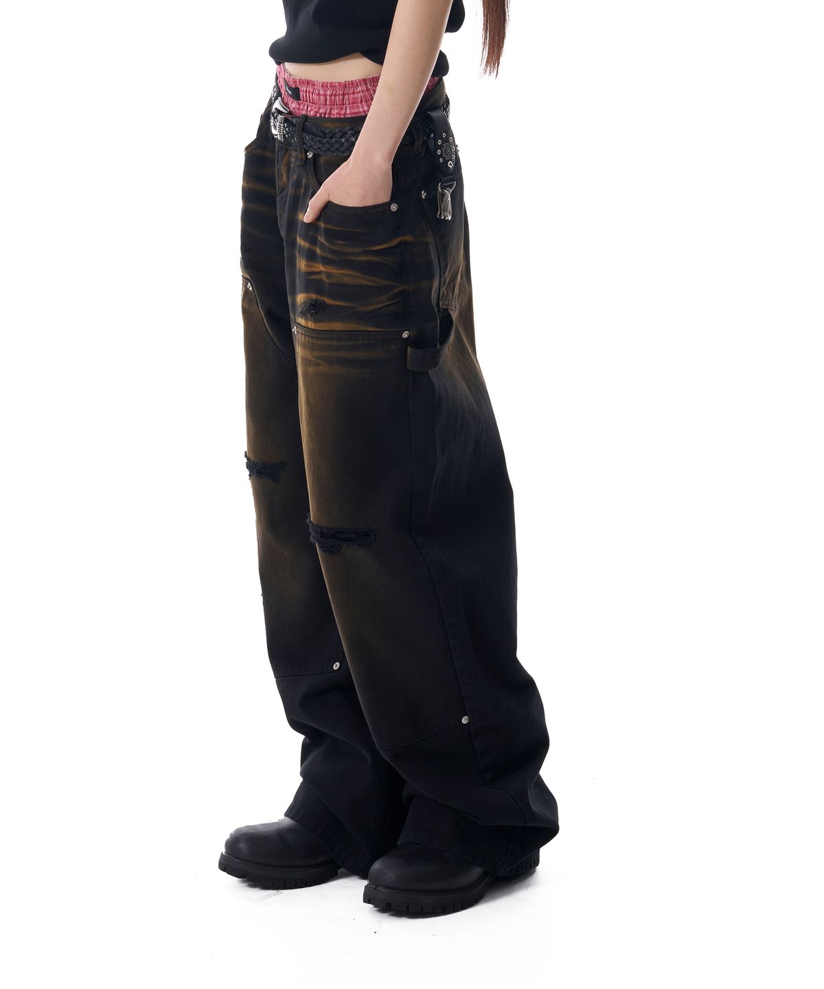 아캄(AAKAM) Dirty Washed Double Knee Cotton Pants (Black)