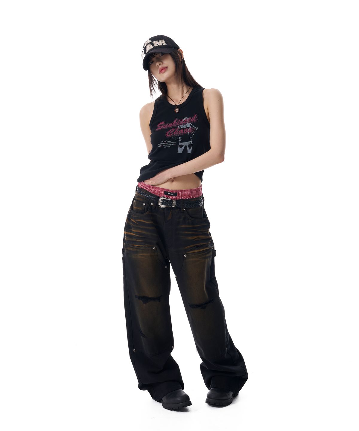 아캄(AAKAM) Dirty Washed Double Knee Cotton Pants (Black)