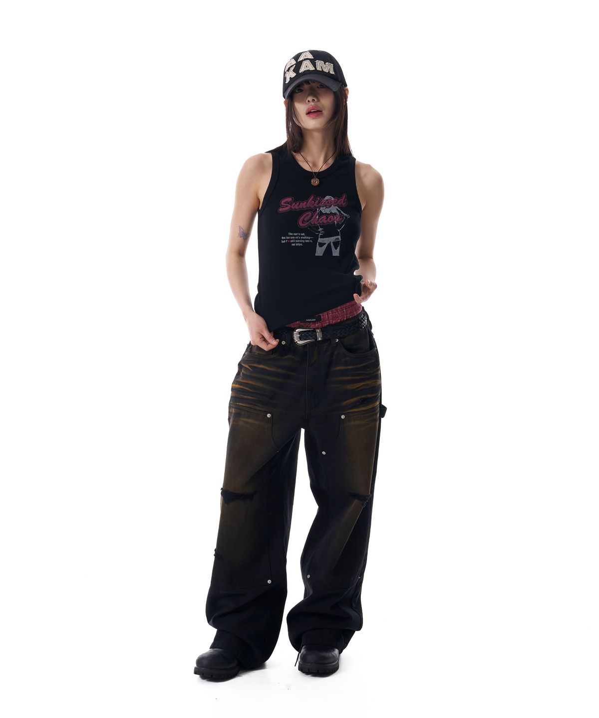 아캄(AAKAM) Dirty Washed Double Knee Cotton Pants (Black)