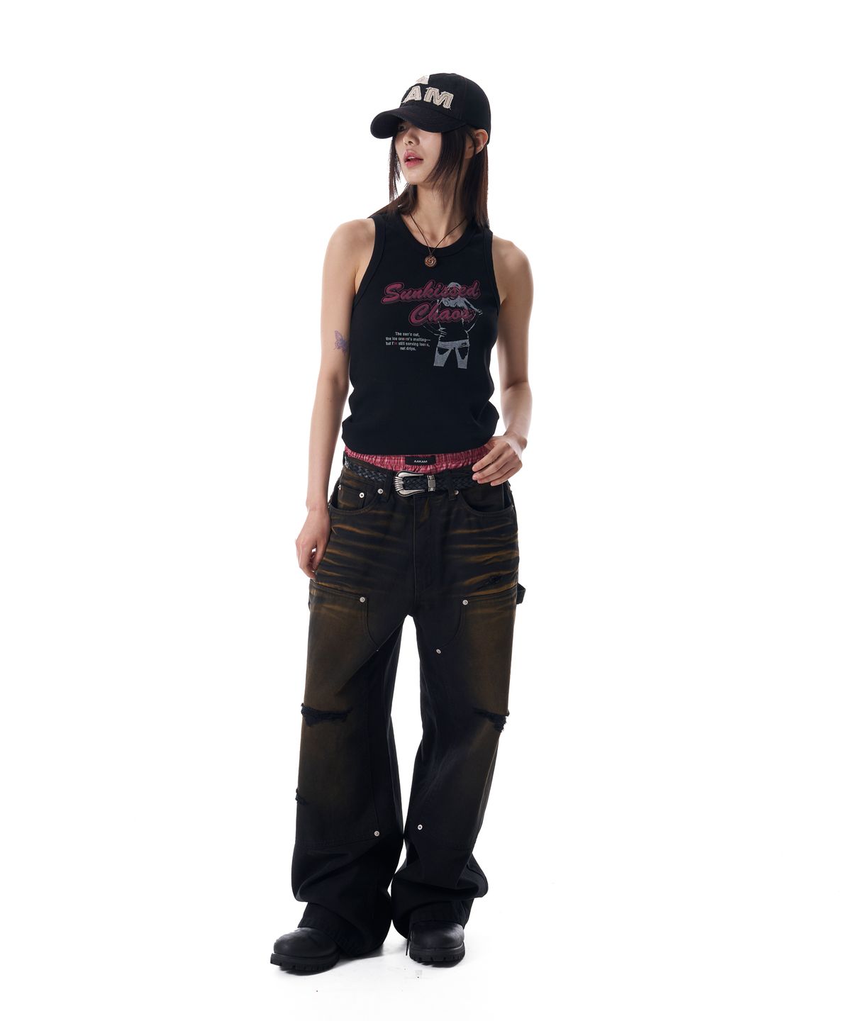 아캄(AAKAM) Dirty Washed Double Knee Cotton Pants (Black)