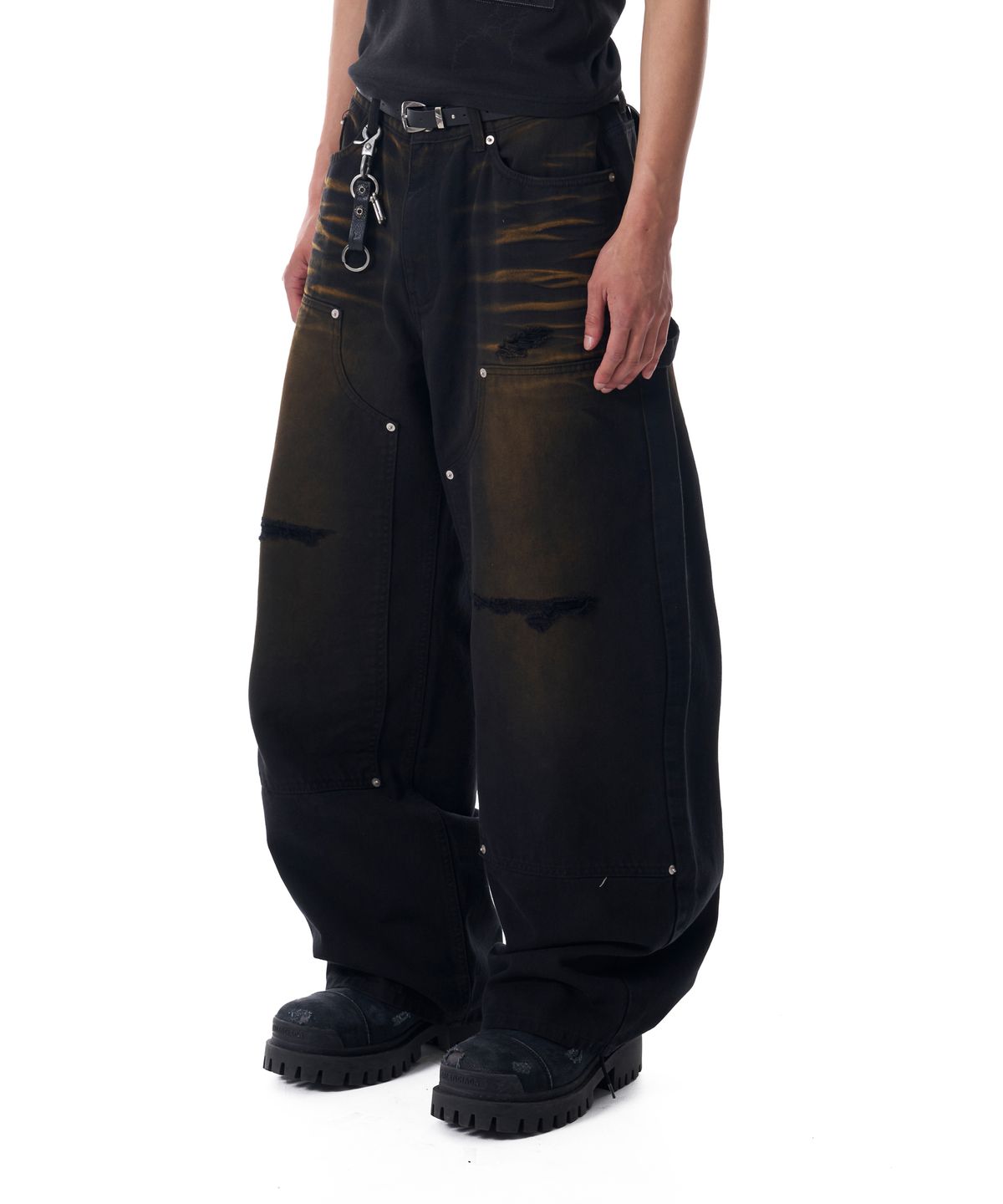 아캄(AAKAM) Dirty Washed Double Knee Cotton Pants (Black)
