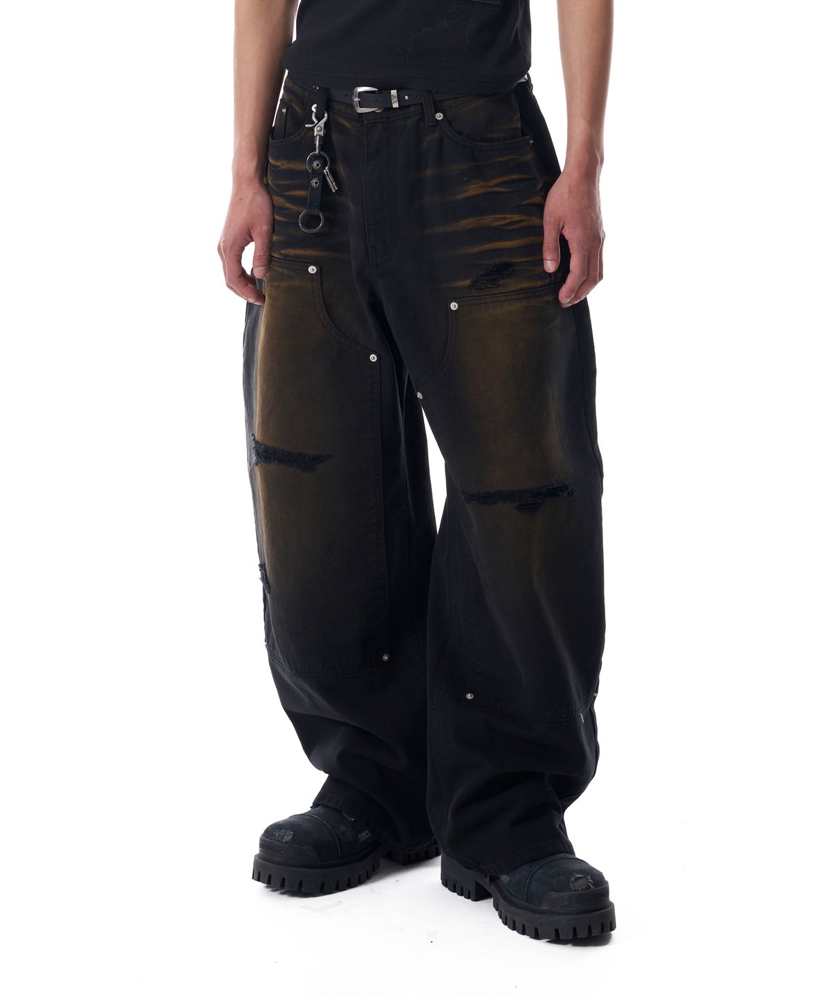 아캄(AAKAM) Dirty Washed Double Knee Cotton Pants (Black)