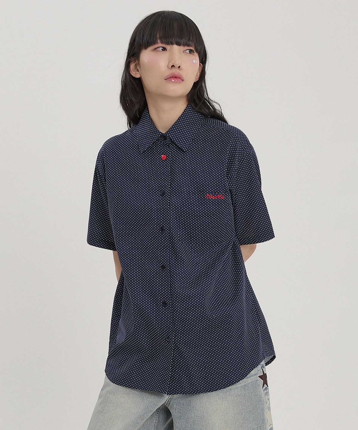 와이케이(WAIKEI) 스카프 SET 도트 반팔 셔츠 네이비