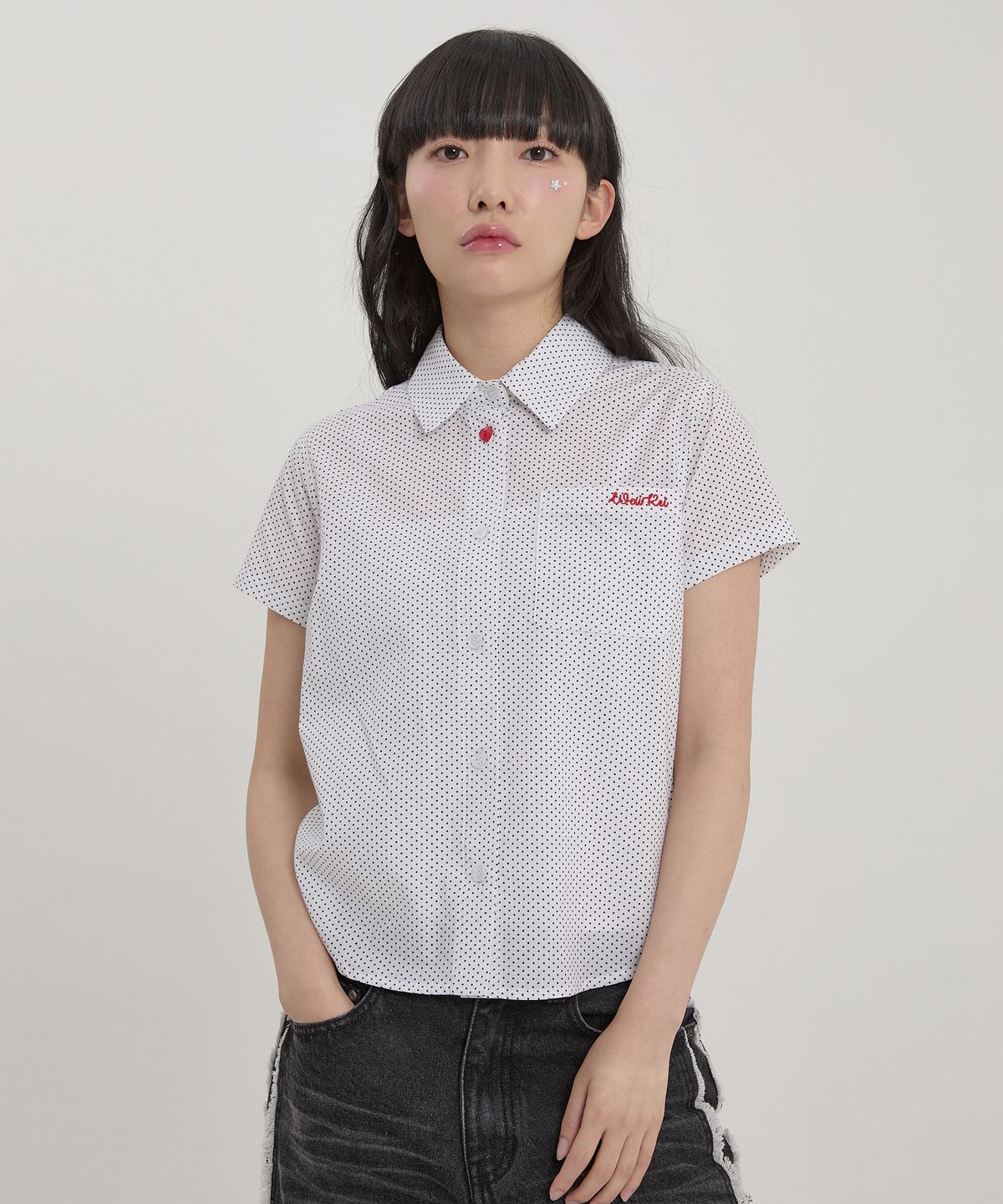 와이케이(WAIKEI) 스카프 SET 도트 반팔 셔츠 화이트