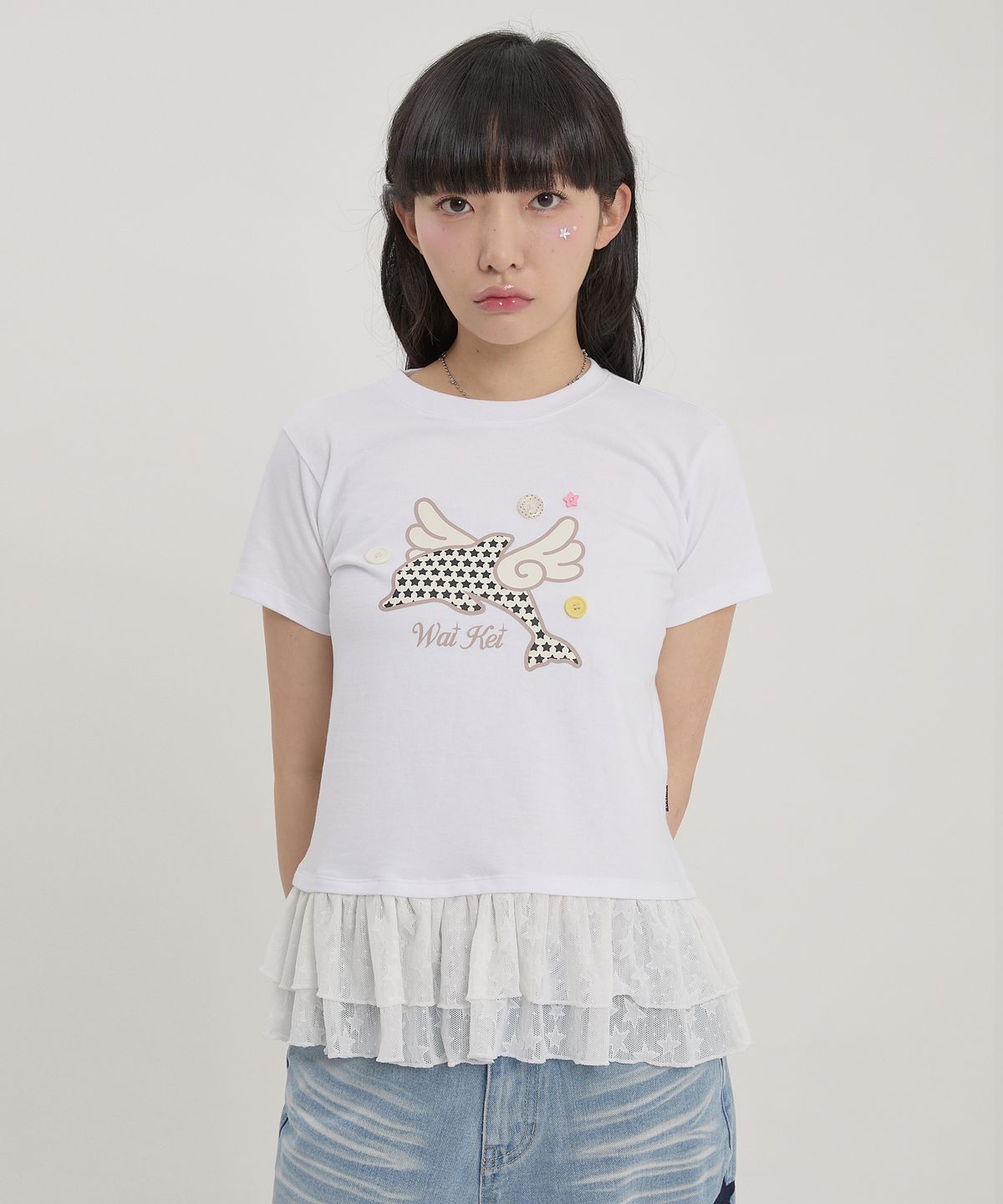 와이케이(WAIKEI) 엔젤 돌핀 레이스 레이어드 반팔티셔츠 화이트
