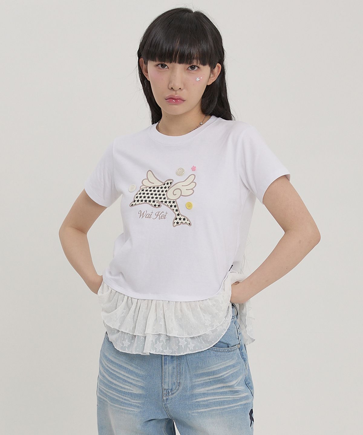 와이케이(WAIKEI) 엔젤 돌핀 레이스 레이어드 반팔티셔츠 화이트