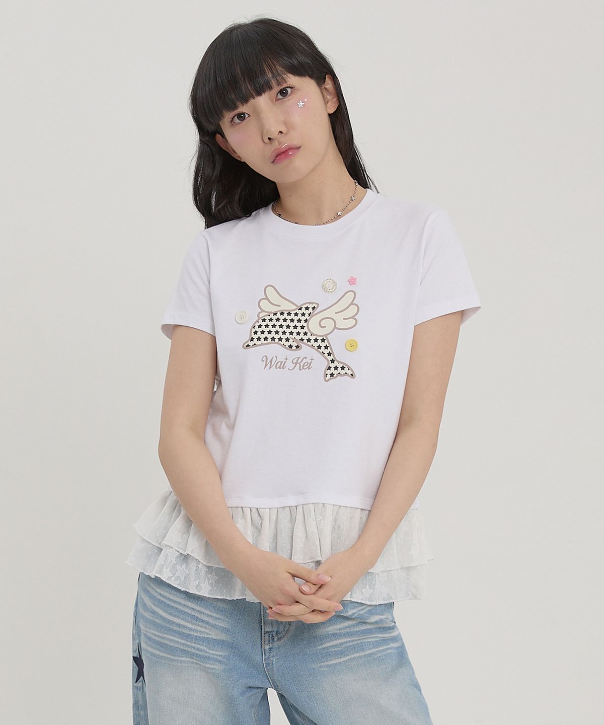 와이케이(WAIKEI) 엔젤 돌핀 레이스 레이어드 반팔티셔츠 화이트