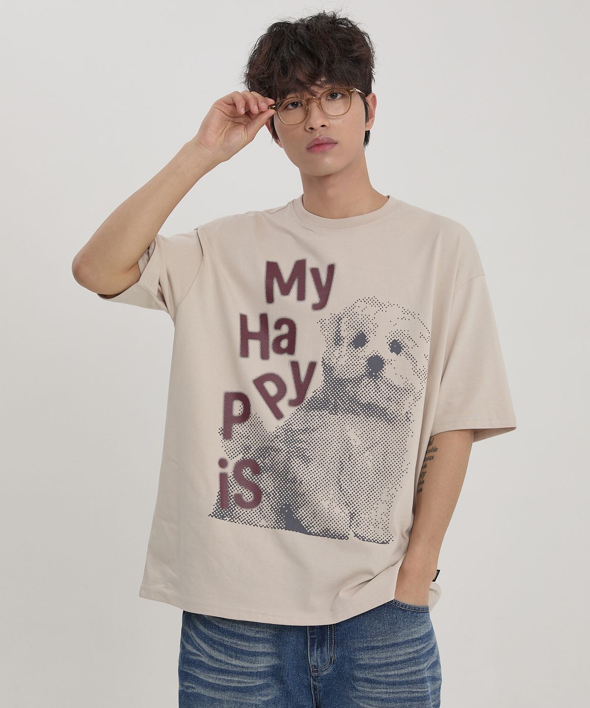 와이케이(WAIKEI) MY HAPPY IS 스탬프 반팔티셔츠 베이지
