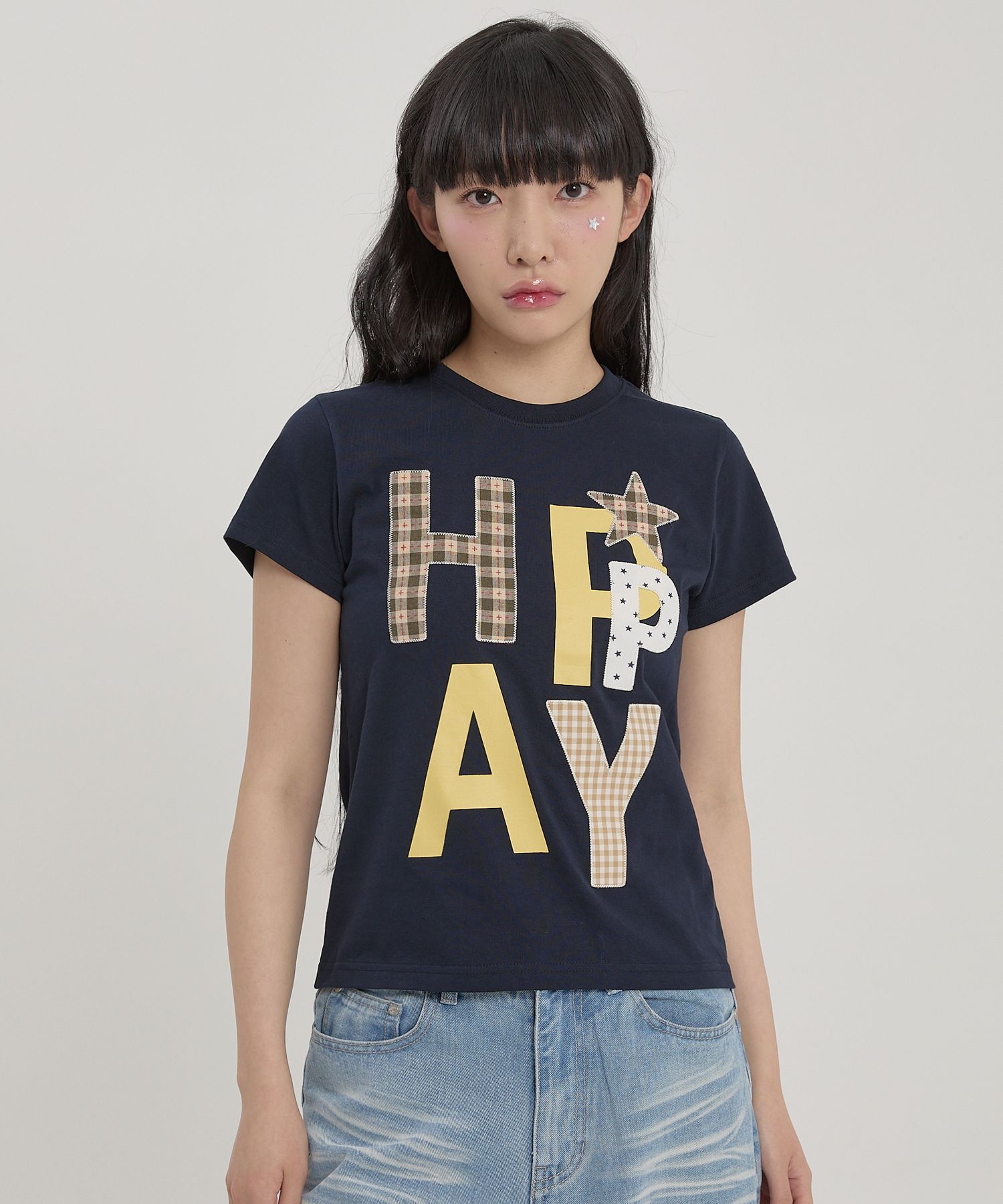 ★WAIKEI★ HAPPY Patchwork Short Sleeve T-shirt Navy YKBE02T MUSINSA | WAI KEI HAPPY Patchwork Short Sleeve T-shirt Navy