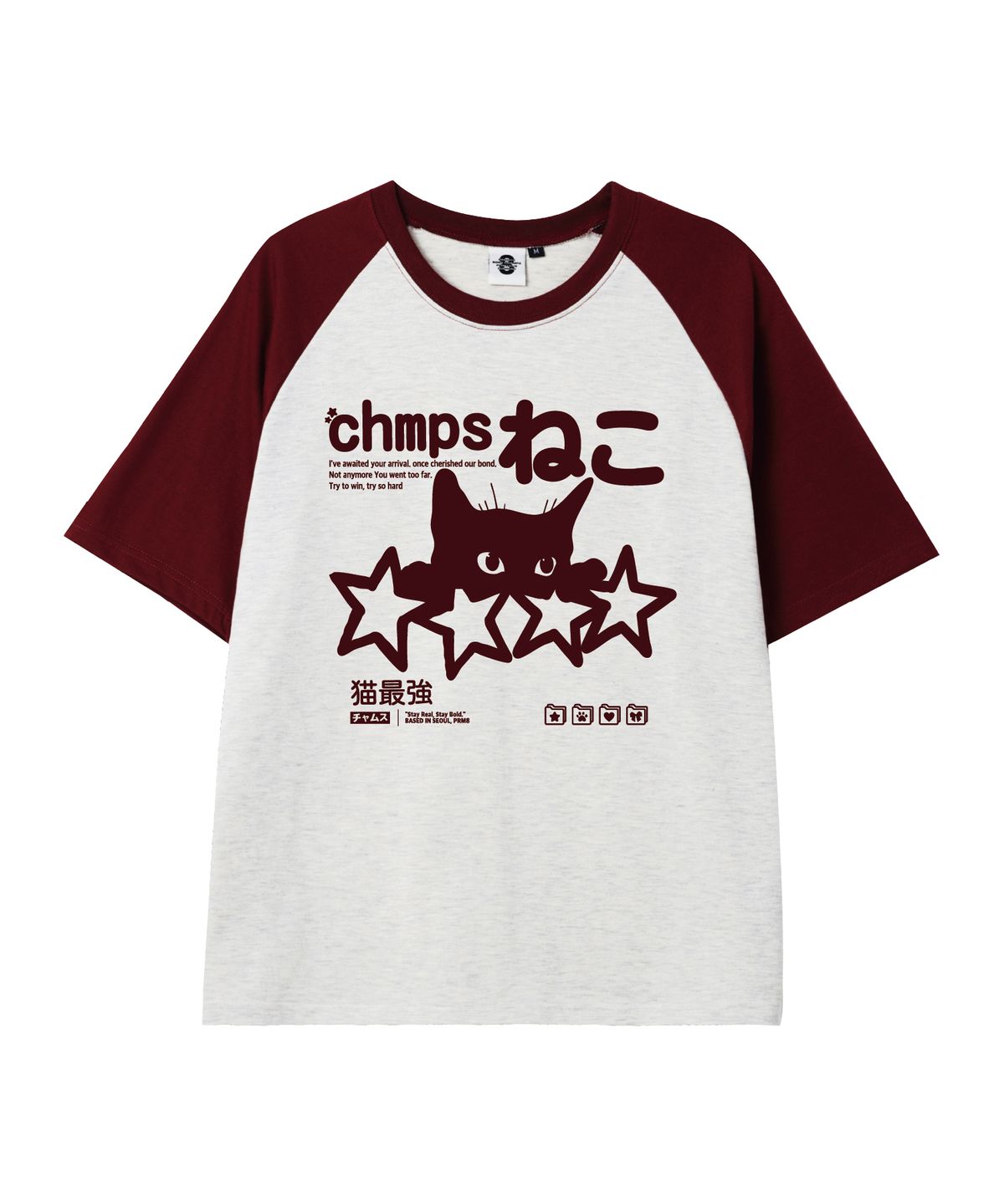 본챔스(BORN CHAMPS) [5 COLORS] CHAMPS NEKO 오버핏 래글런 반팔티셔츠 B25ST82
