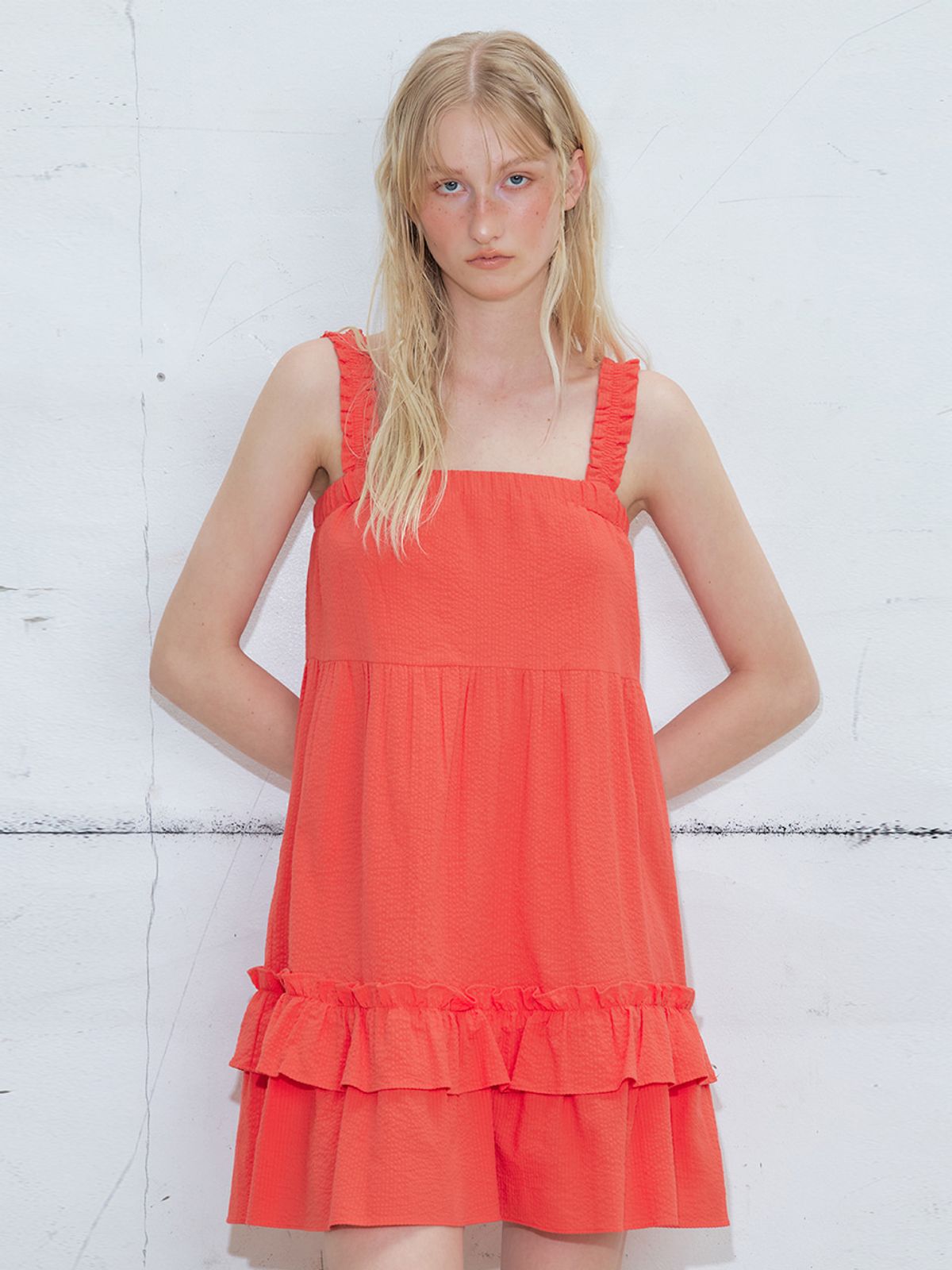 에트몽(ETMON) Frill Banding Mini Dress, Red