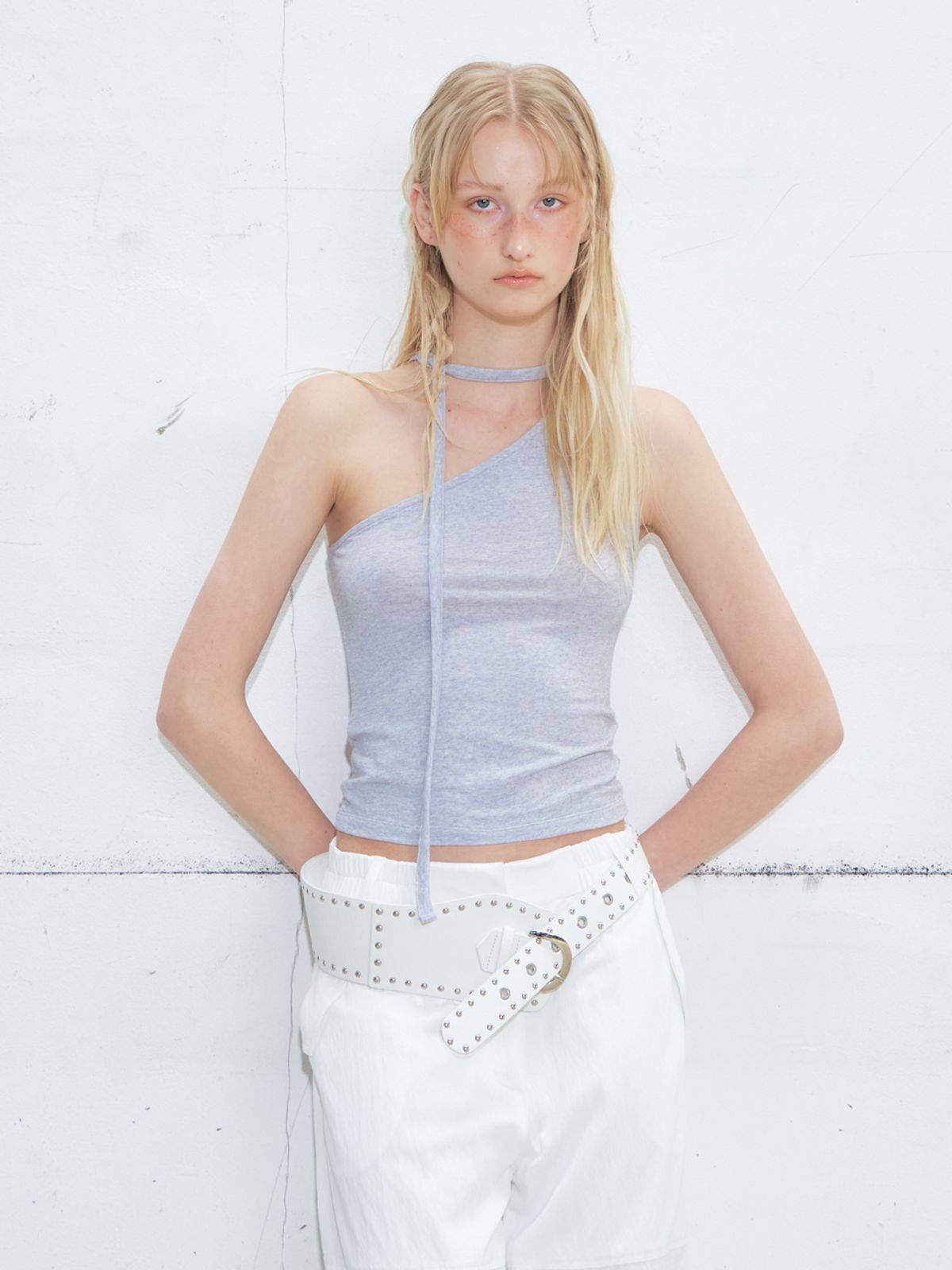에트몽(ETMON) Tie One Shoulder Sleeveless Top, Blue Grey