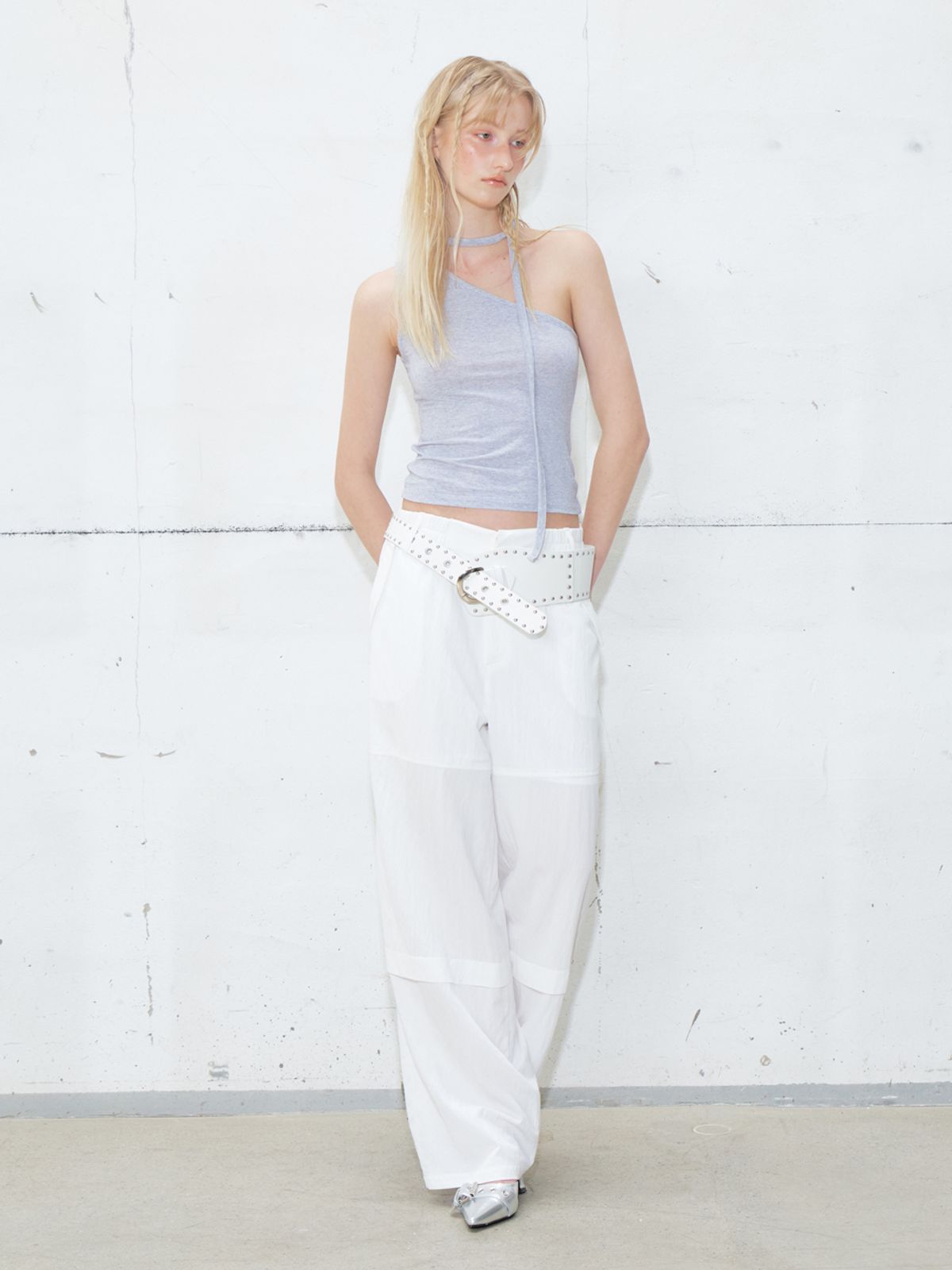 에트몽(ETMON) Tie One Shoulder Sleeveless Top, Blue Grey